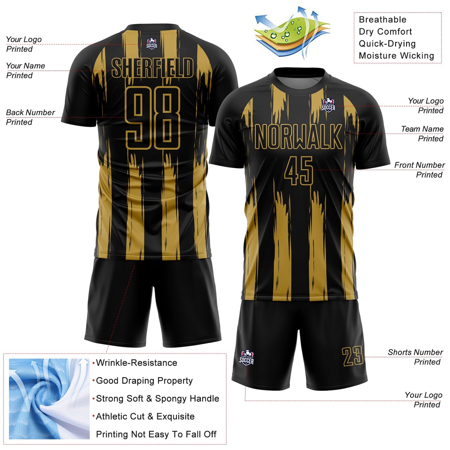 Custom Black Old Gold Abstract Stripes Sublimation Soccer Uniform Jersey view 4