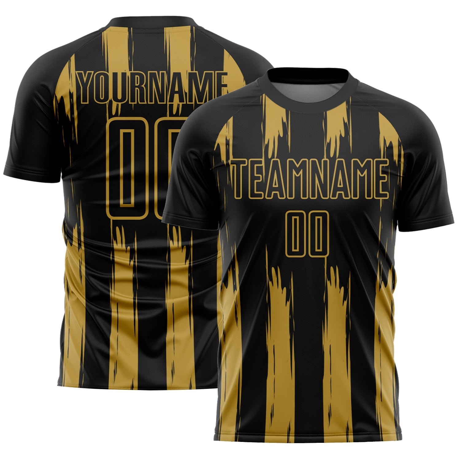 Custom Black Old Gold Abstract Stripes Sublimation Soccer Uniform Jersey - Main View