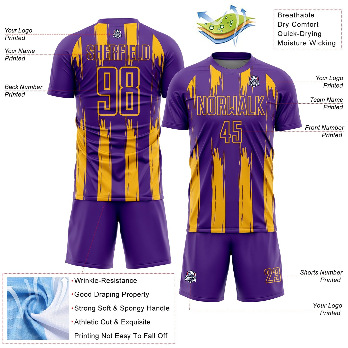 Custom Purple Gold Abstract Stripes Sublimation Soccer Uniform Jersey view 4
