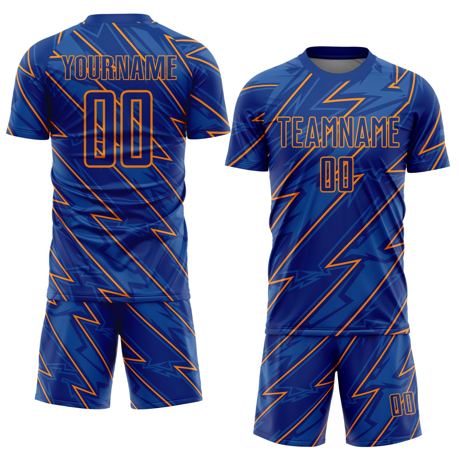 Custom Royal Bay Orange Lightning Sublimation Soccer Uniform Jersey view 2