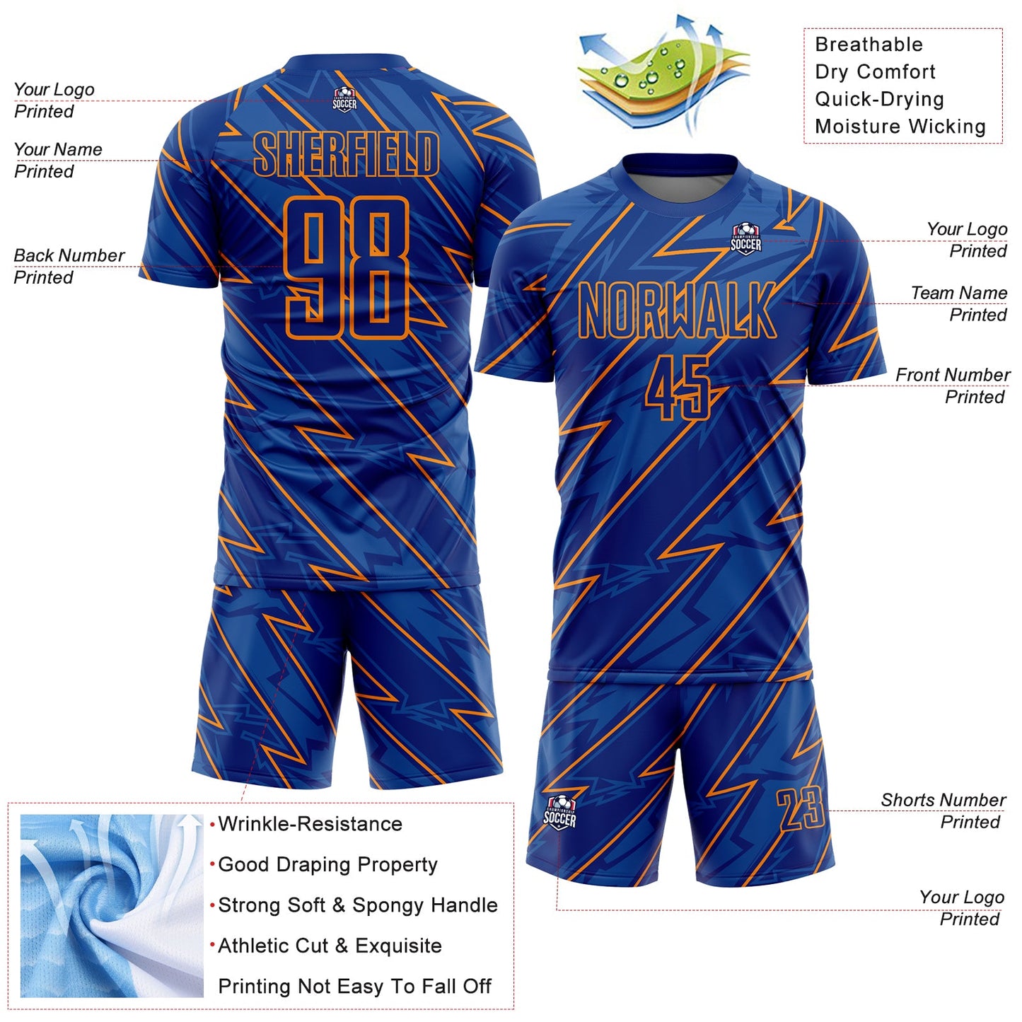 Custom Royal Bay Orange Lightning Sublimation Soccer Uniform Jersey view 4