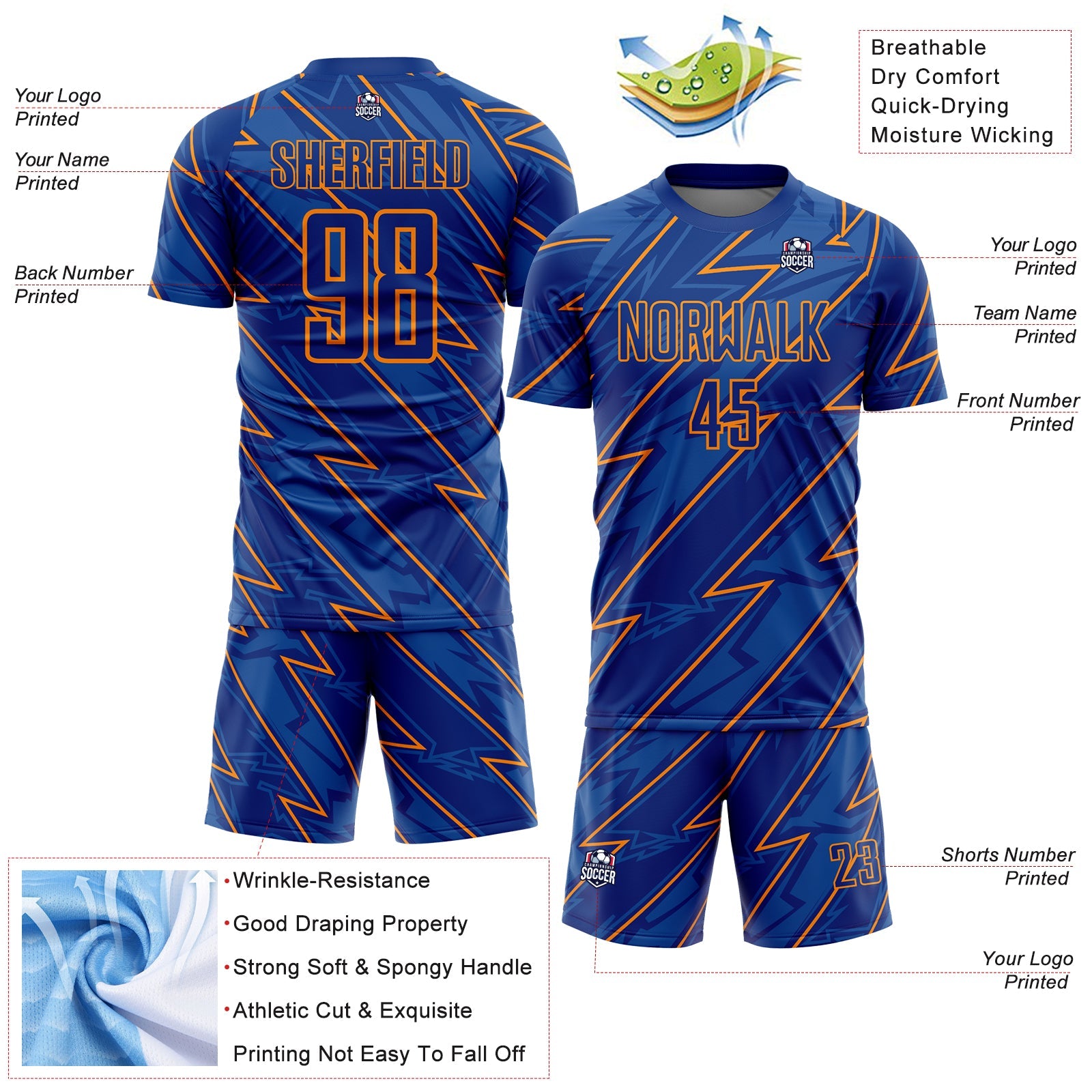 Custom Royal Bay Orange Lightning Sublimation Soccer Uniform Jersey view 4