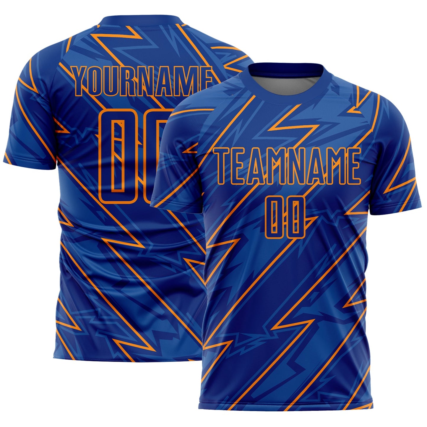 Custom Royal Bay Orange Lightning Sublimation Soccer Uniform Jersey - Main View