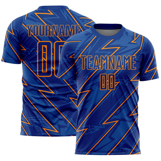 Custom Royal Bay Orange Lightning Sublimation Soccer Uniform Jersey - Main View