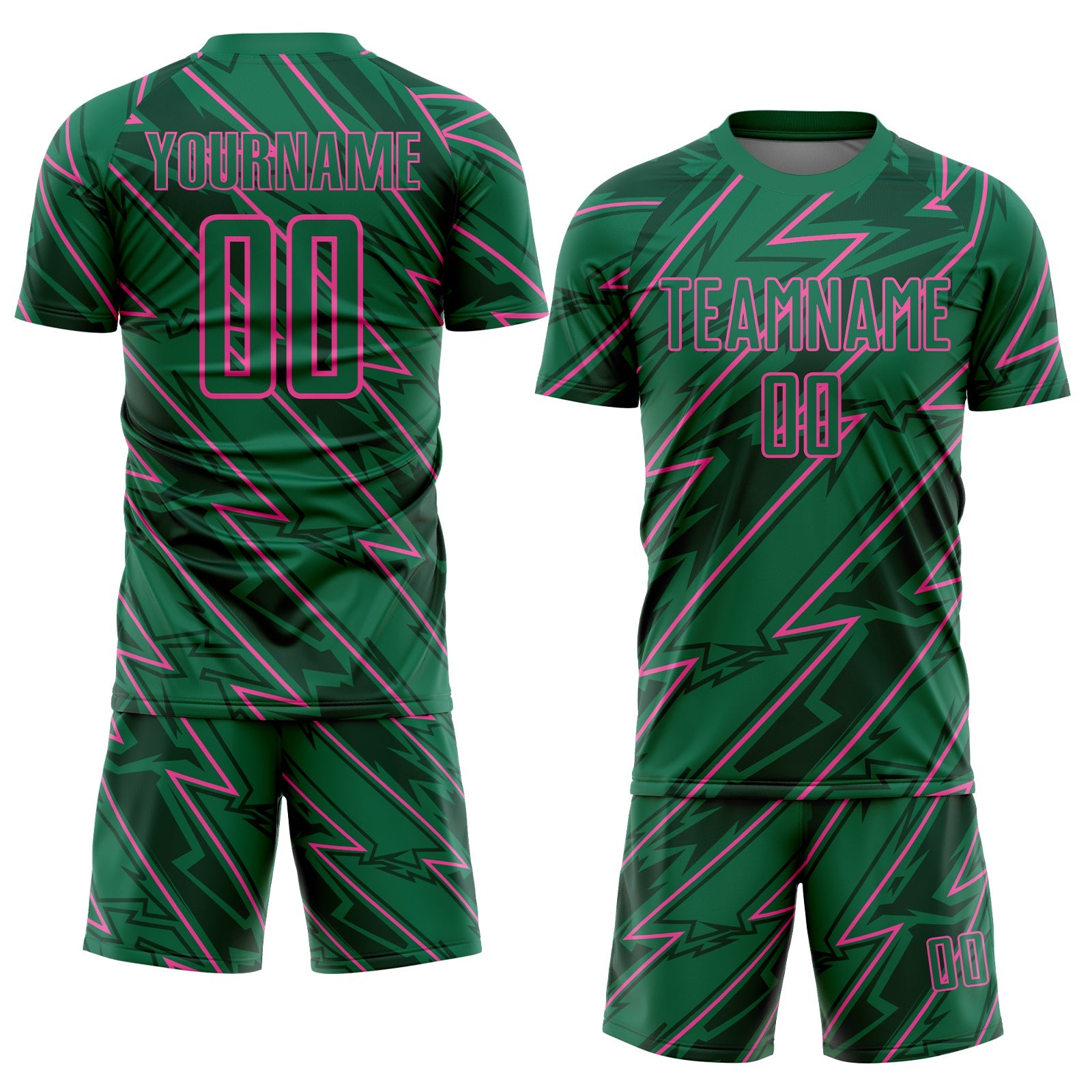 Custom Kelly Green Pink Lightning Sublimation Soccer Uniform Jersey view 2