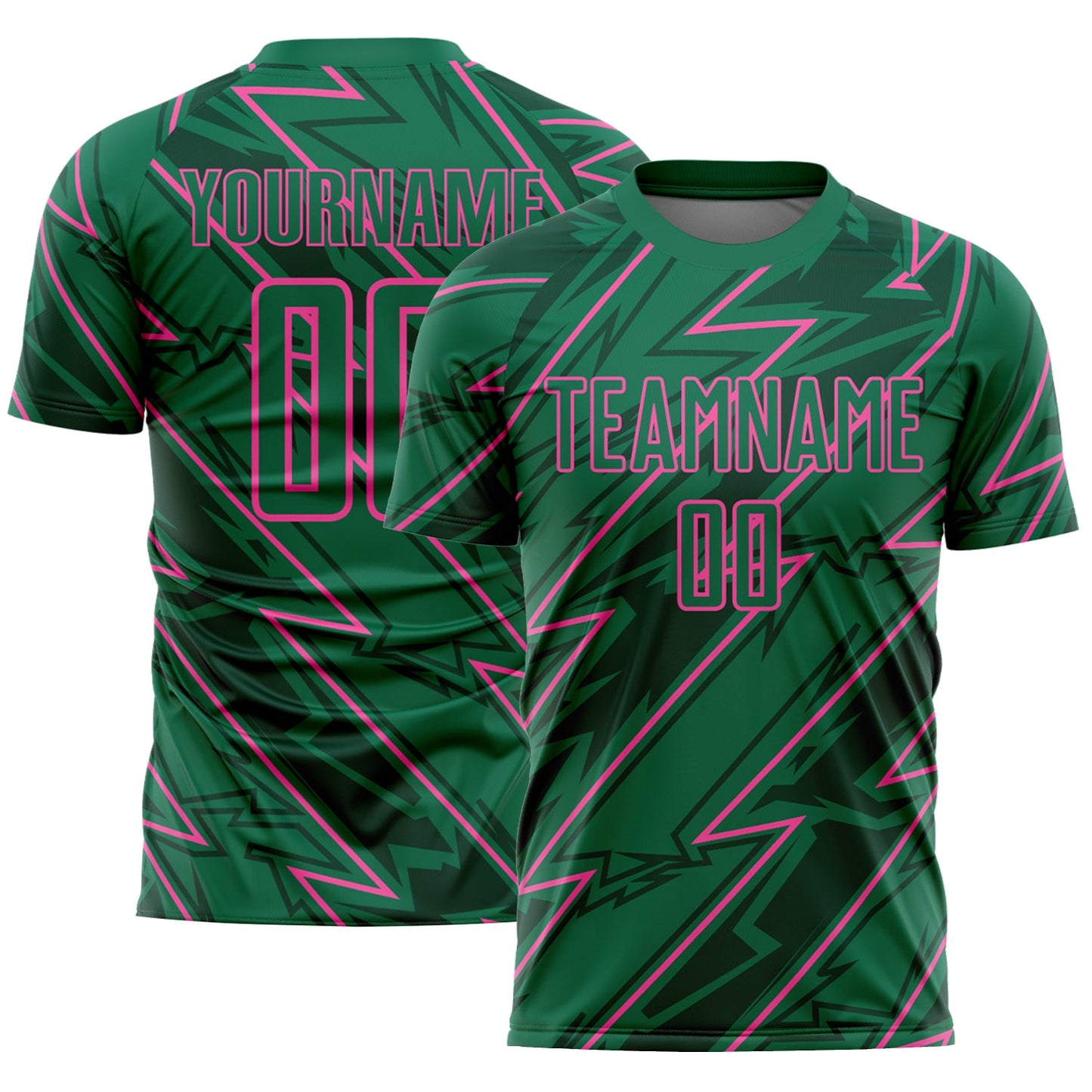 Custom Kelly Green Pink Lightning Sublimation Soccer Uniform Jersey - Main View