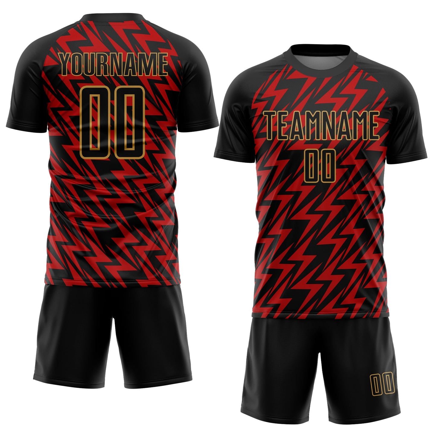 Custom Black Red-Old Gold Lightning Sublimation Soccer Uniform Jersey view 2