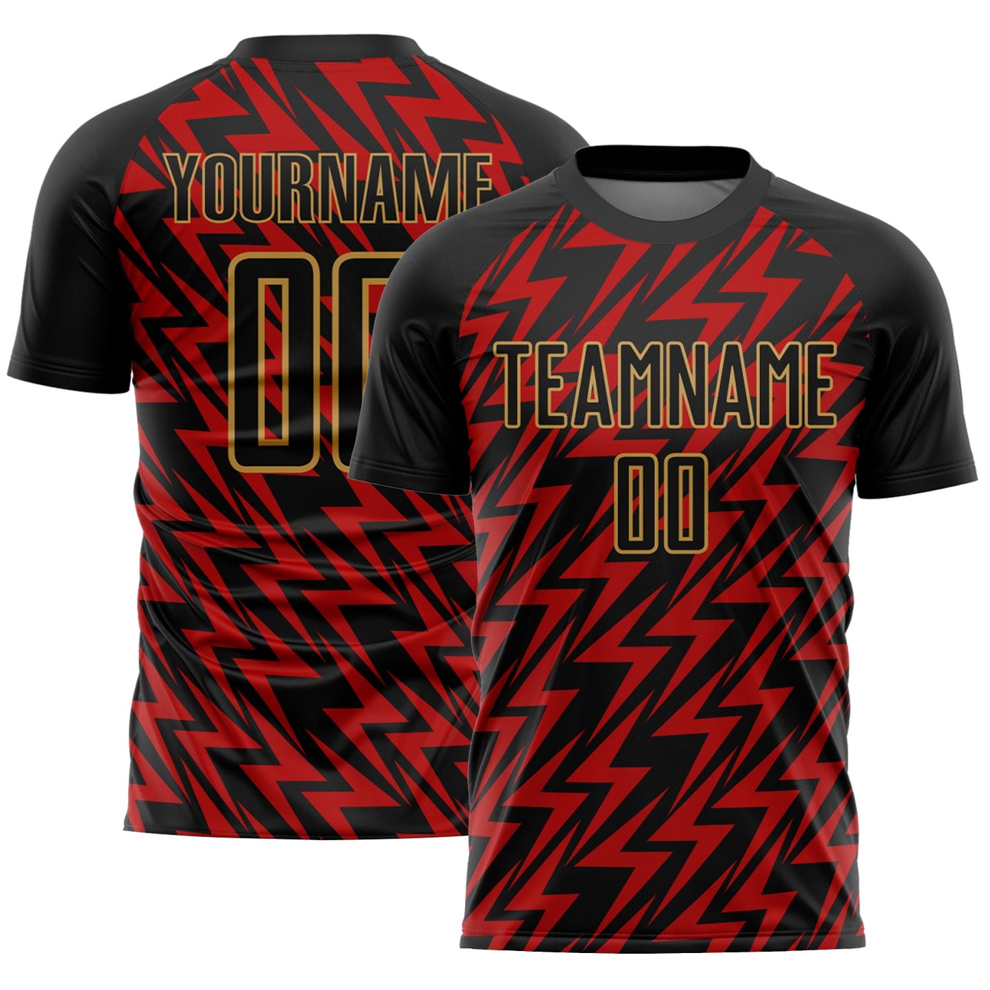 Custom Black Red-Old Gold Lightning Sublimation Soccer Uniform Jersey - Main View