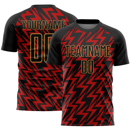 Custom Black Red-Old Gold Lightning Sublimation Soccer Uniform Jersey - Main View