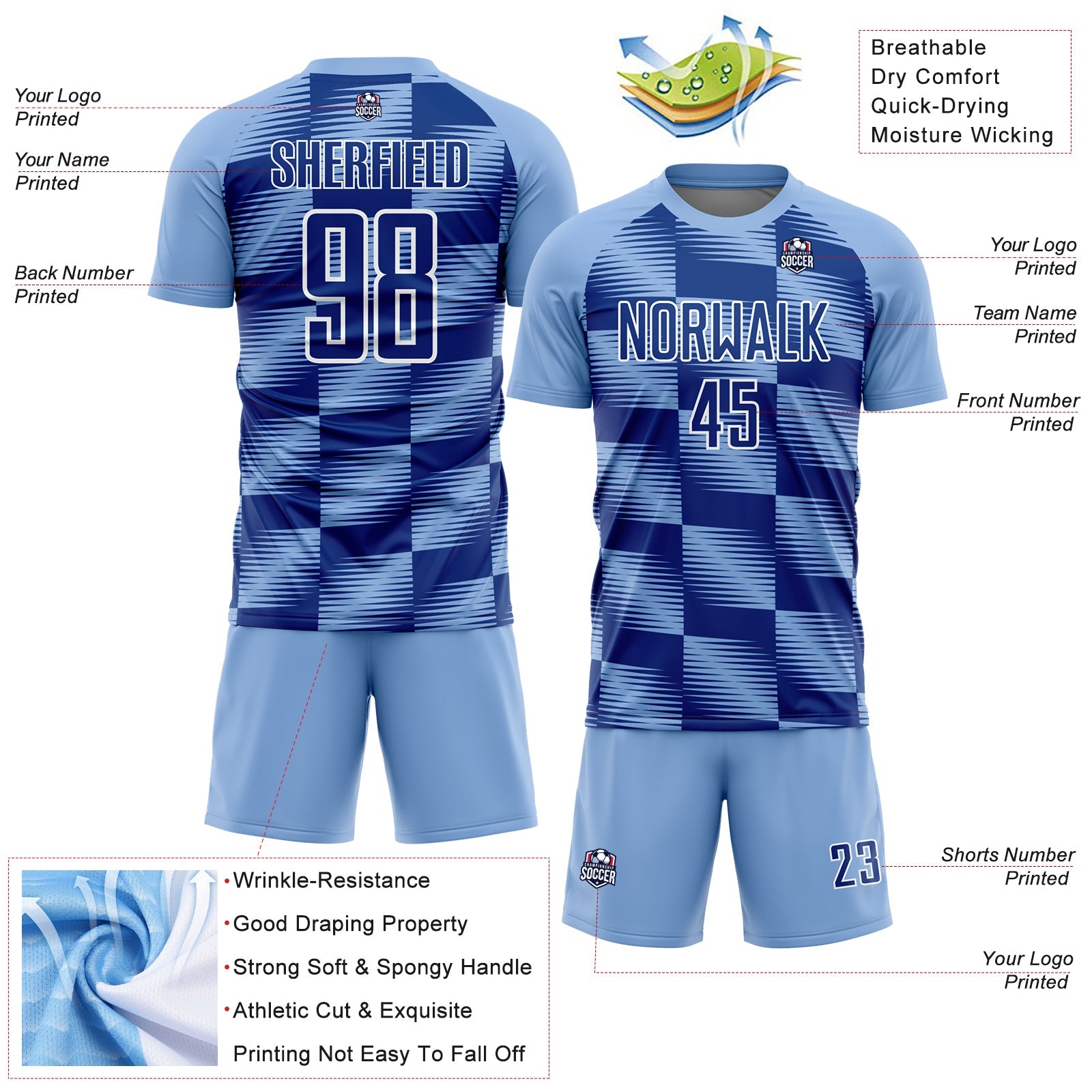 Custom Light Blue Royal-White Lines Sublimation Soccer Uniform Jersey view 4