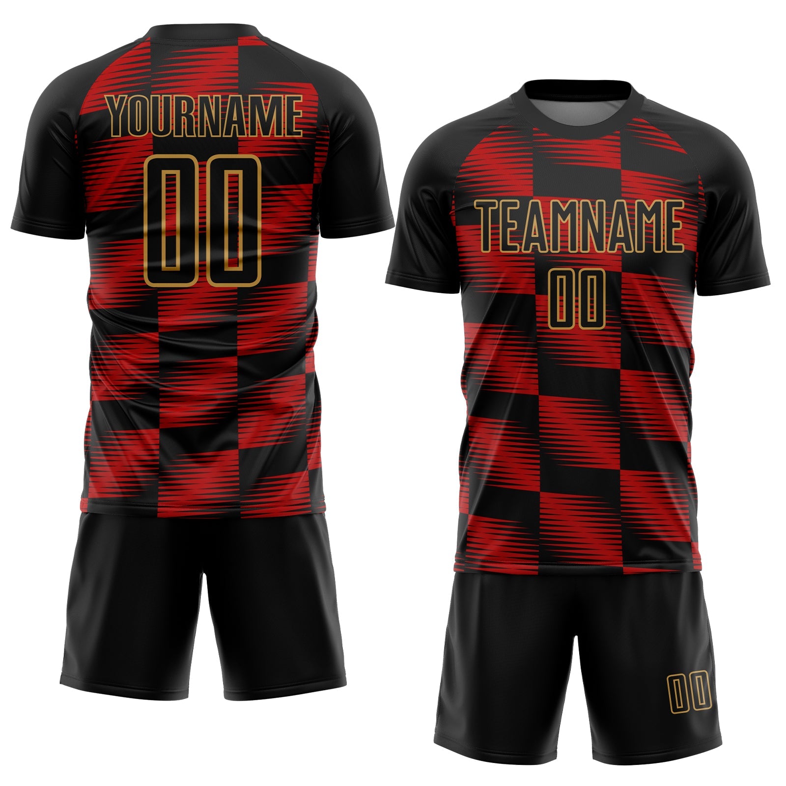 Custom Black Red-Old Gold Lines Sublimation Soccer Uniform Jersey view 2