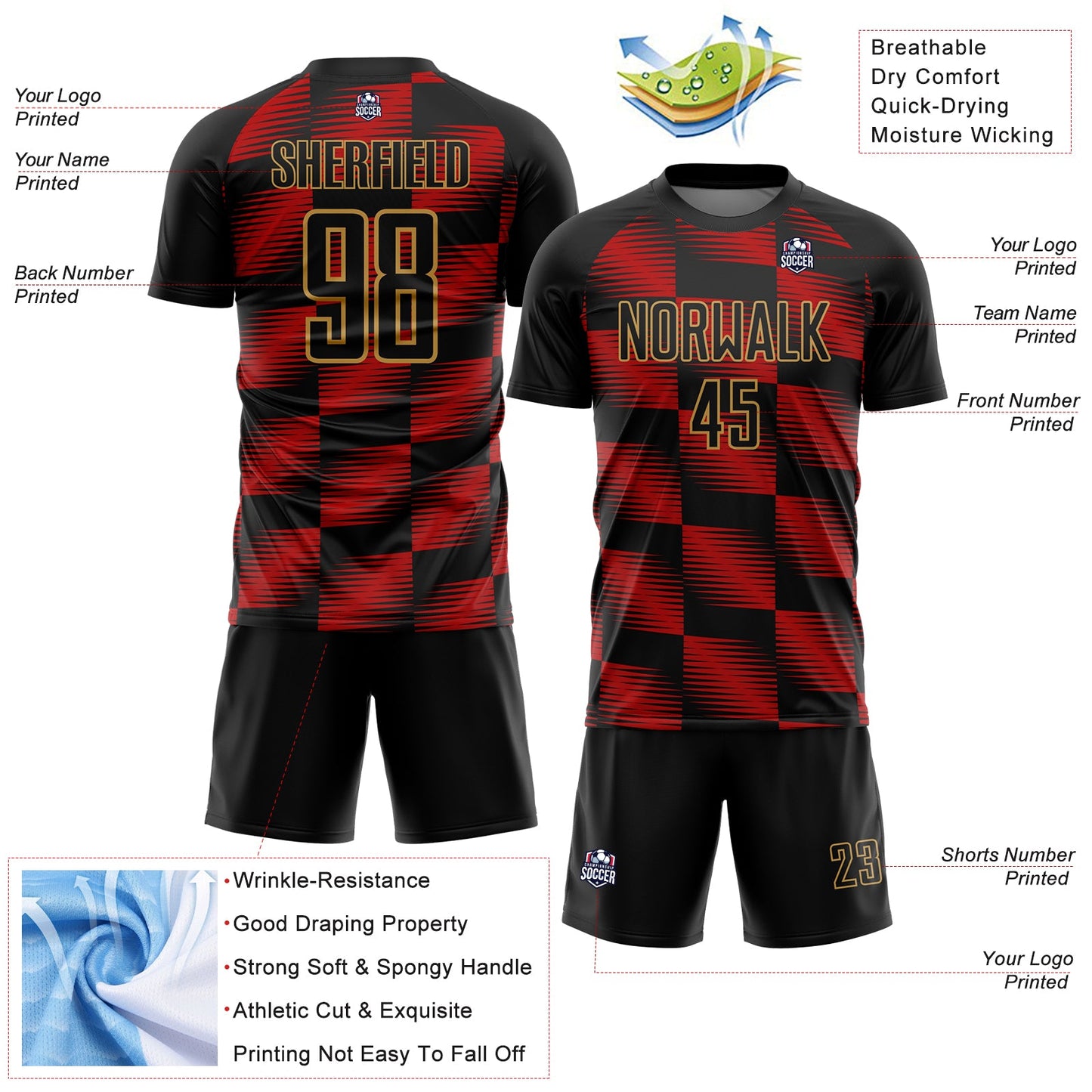 Custom Black Red-Old Gold Lines Sublimation Soccer Uniform Jersey view 4