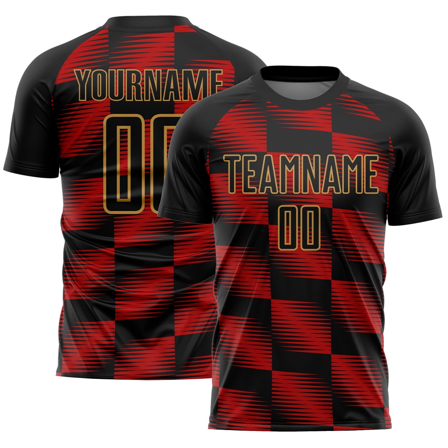 Custom Black Red-Old Gold Lines Sublimation Soccer Uniform Jersey - Main View