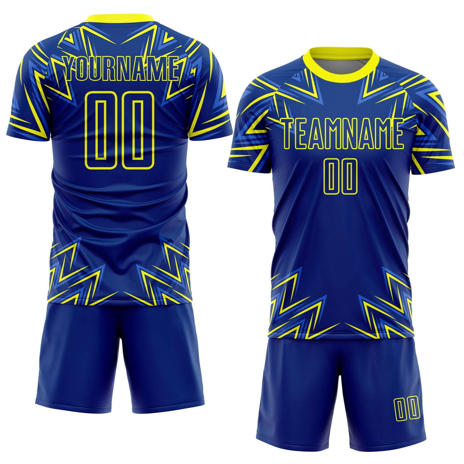 Custom Royal Neon Yellow Geometric Shapes Sublimation Soccer Uniform Jersey view 2