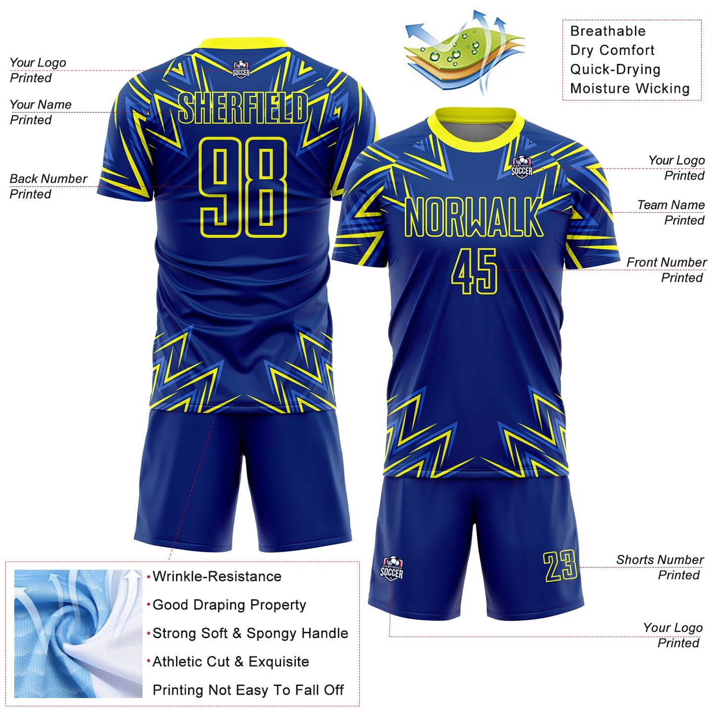 Custom Royal Neon Yellow Geometric Shapes Sublimation Soccer Uniform Jersey view 4