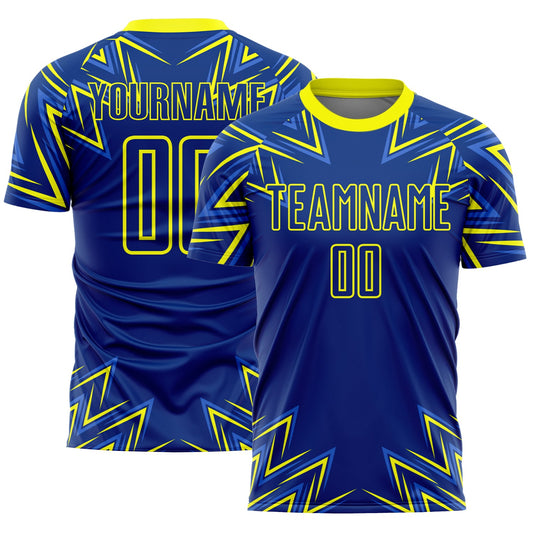Custom Royal Neon Yellow Geometric Shapes Sublimation Soccer Uniform Jersey - Main View