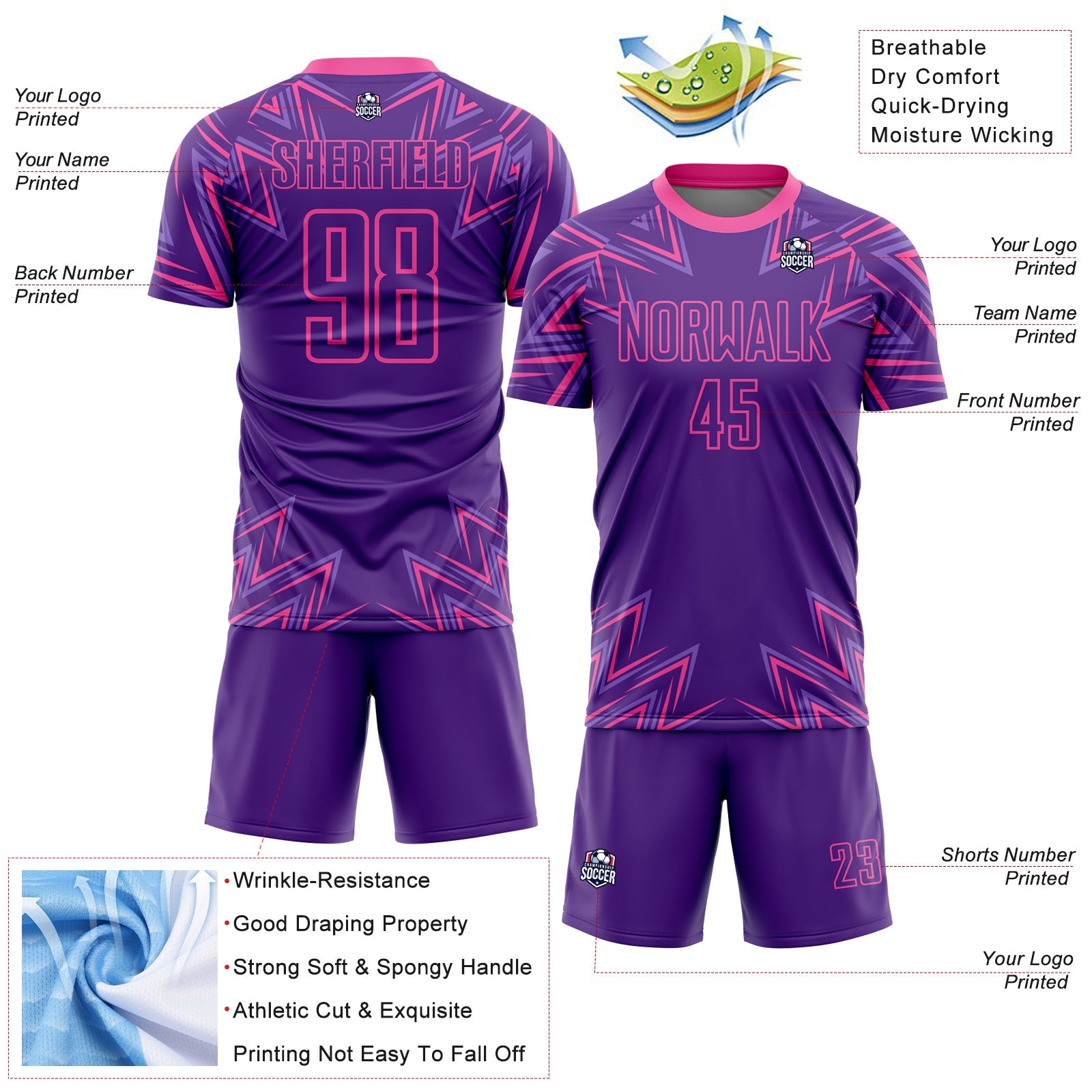 Custom Purple Pink Geometric Shapes Sublimation Soccer Uniform Jersey view 4