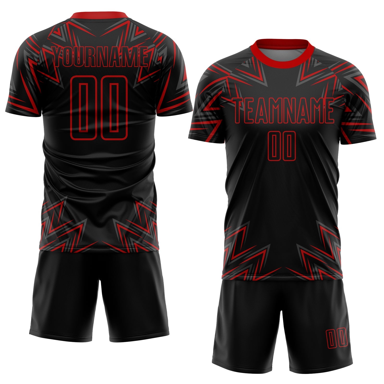 Custom Black Red Geometric Shapes Sublimation Soccer Uniform Jersey view 2