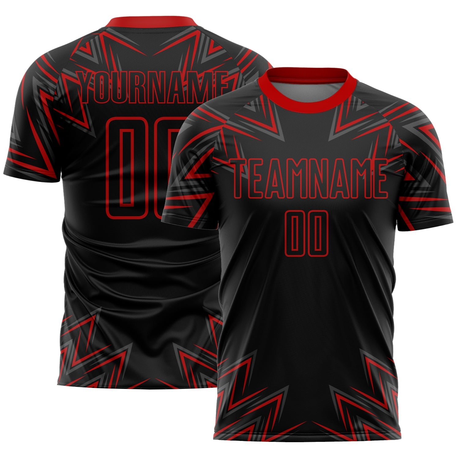 Custom Black Red Geometric Shapes Sublimation Soccer Uniform Jersey - Main View
