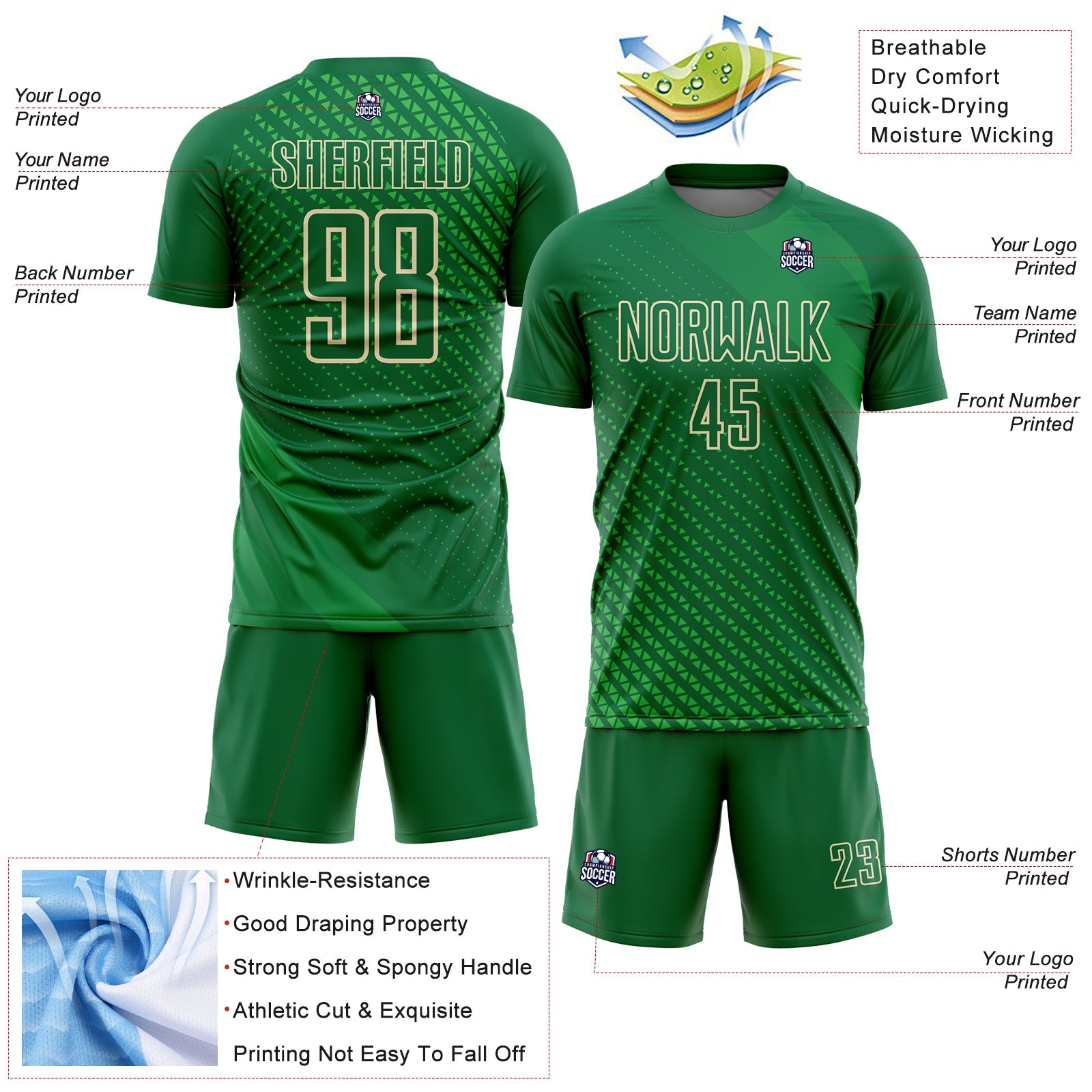 Custom Kelly Green City Cream Geometric Shapes Sublimation Soccer Uniform Jersey view 4