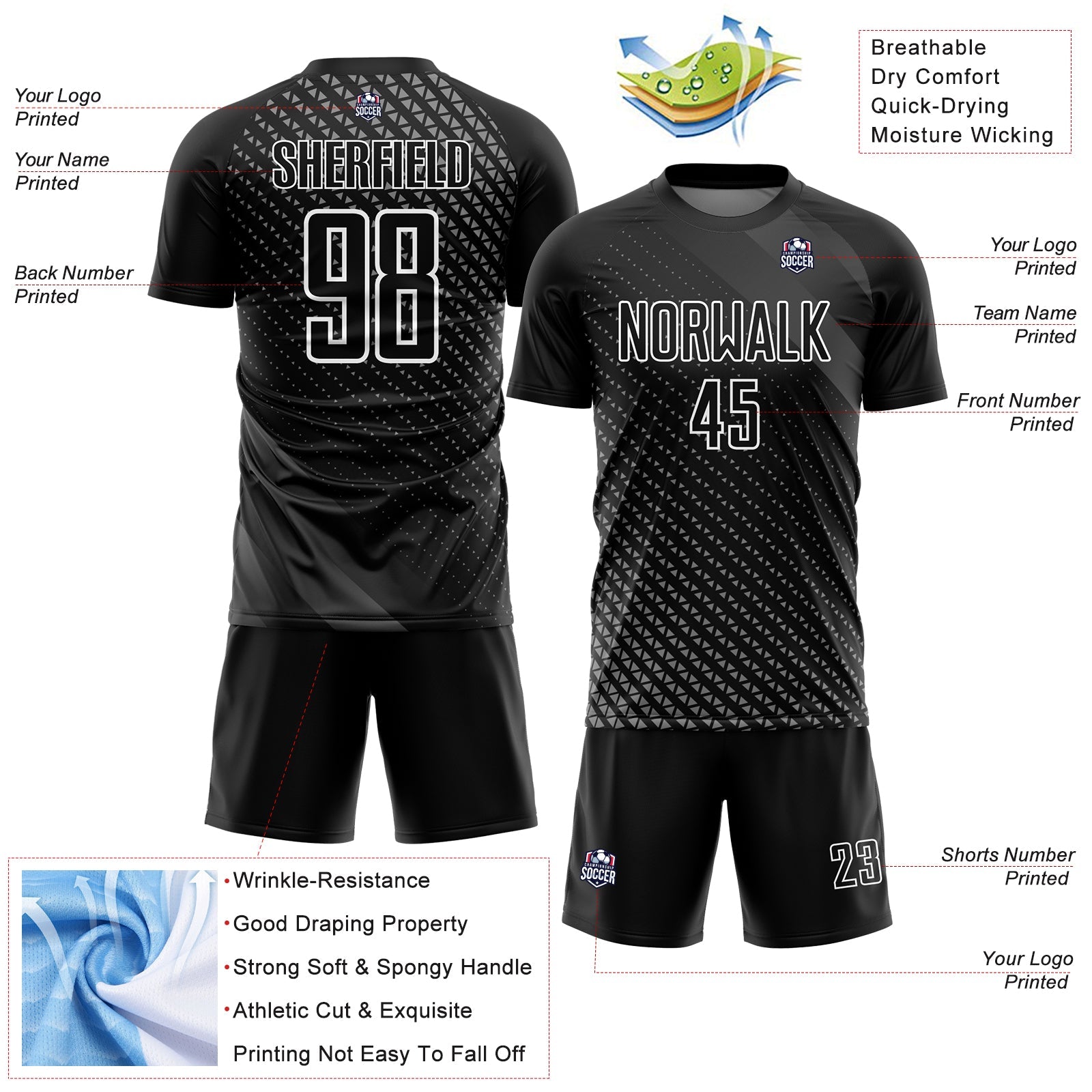 Custom Black White Geometric Shapes Sublimation Soccer Uniform Jersey view 4