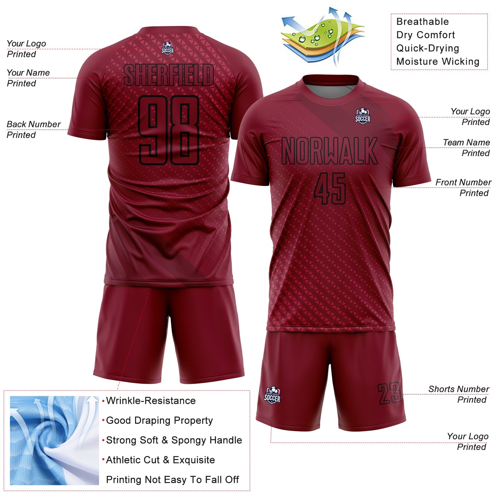 Custom Crimson Black Geometric Shapes Sublimation Soccer Uniform Jersey view 4
