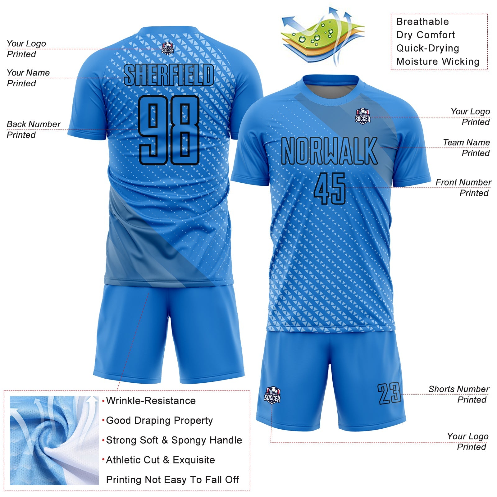 Custom Lakes Blue Black Geometric Shapes Sublimation Soccer Uniform Jersey view 4
