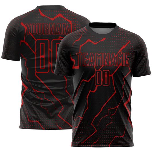 Custom Black Red Lightning Sublimation Soccer Uniform Jersey - Main View