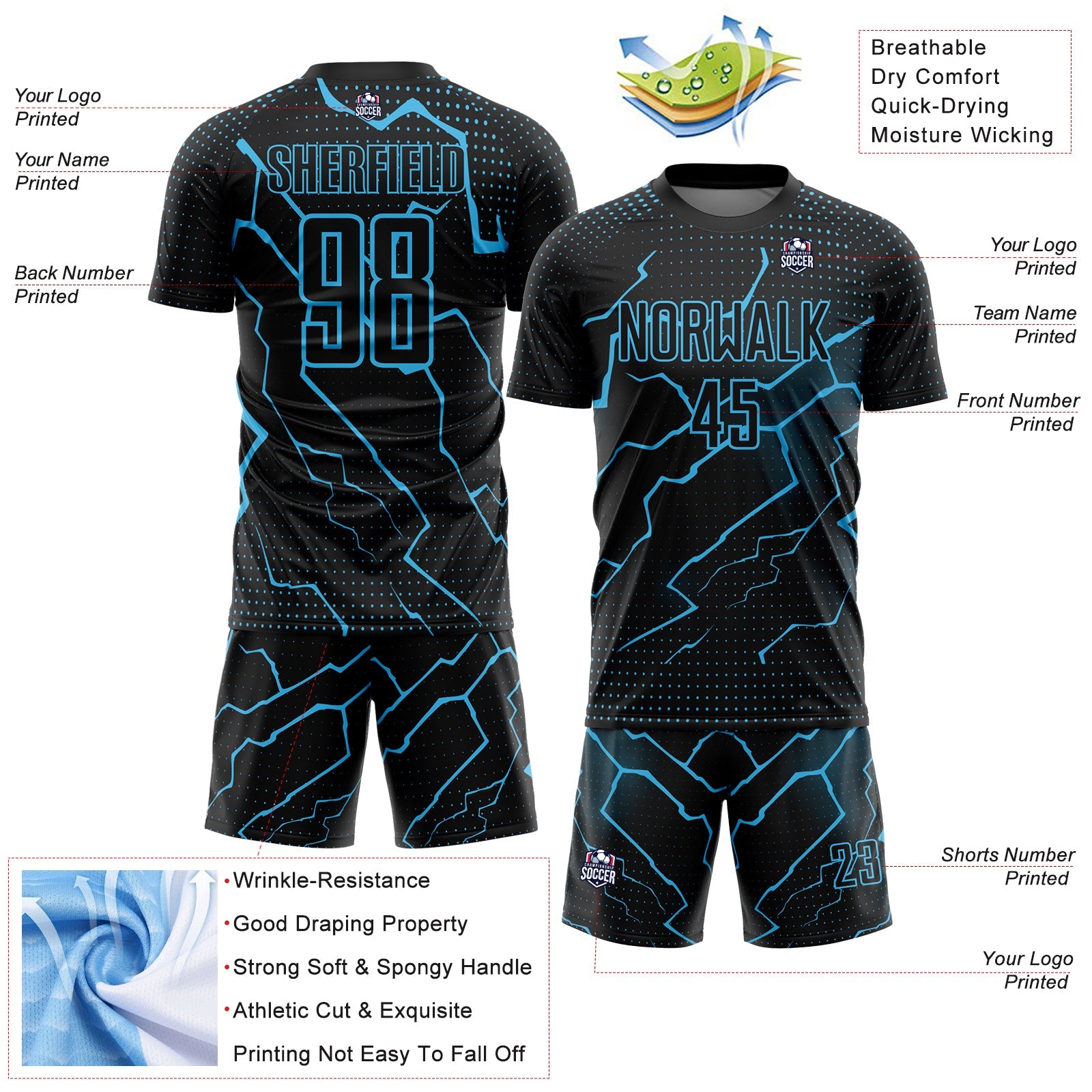 Custom Black Sky Blue Lightning Sublimation Soccer Uniform Jersey view 4