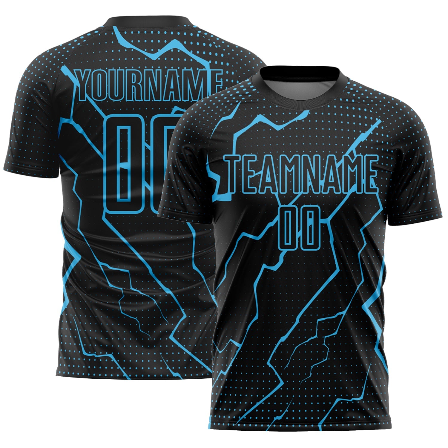 Custom Black Sky Blue Lightning Sublimation Soccer Uniform Jersey - Main View