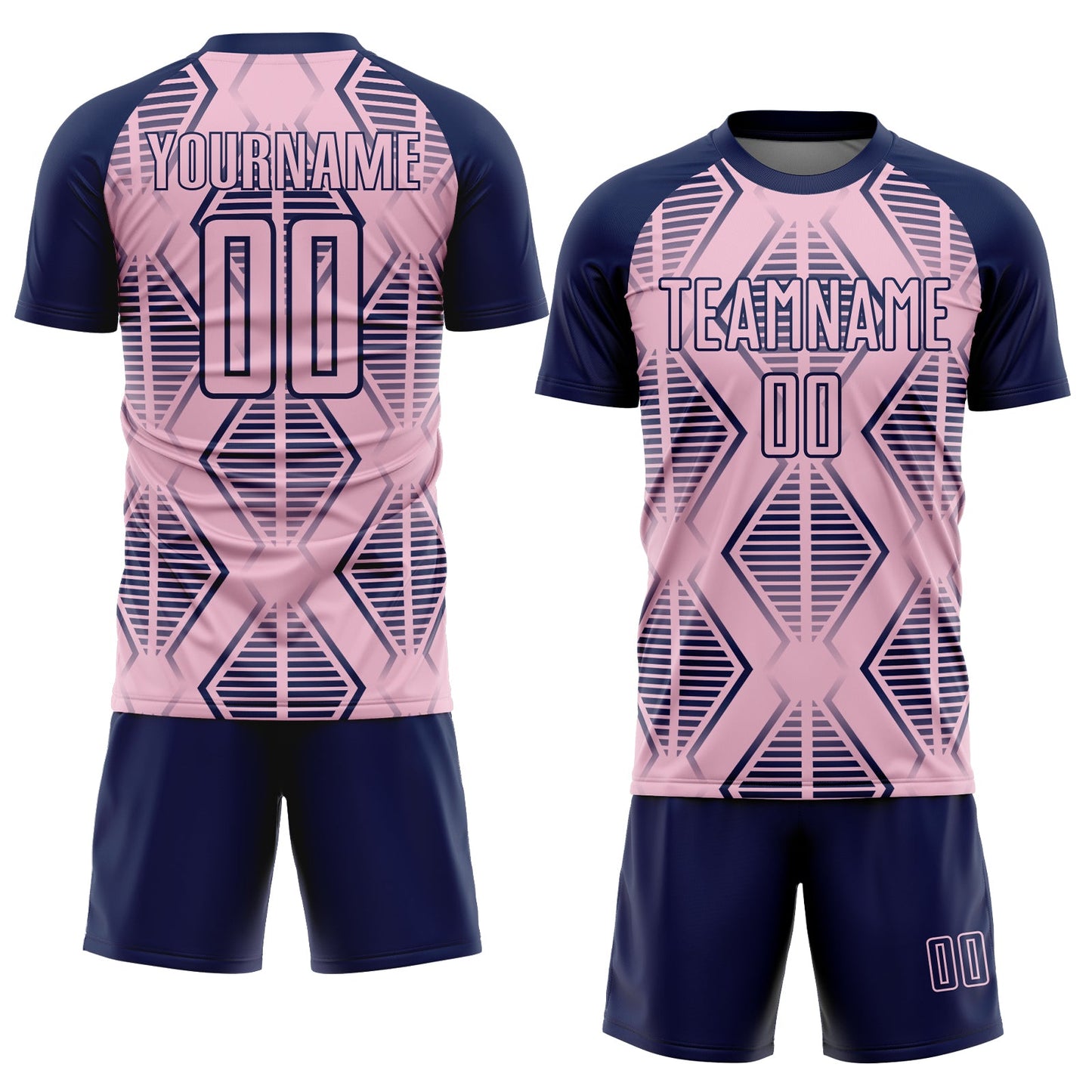 Custom Light Pink Navy Geometric Shapes Sublimation Soccer Uniform Jersey view 2