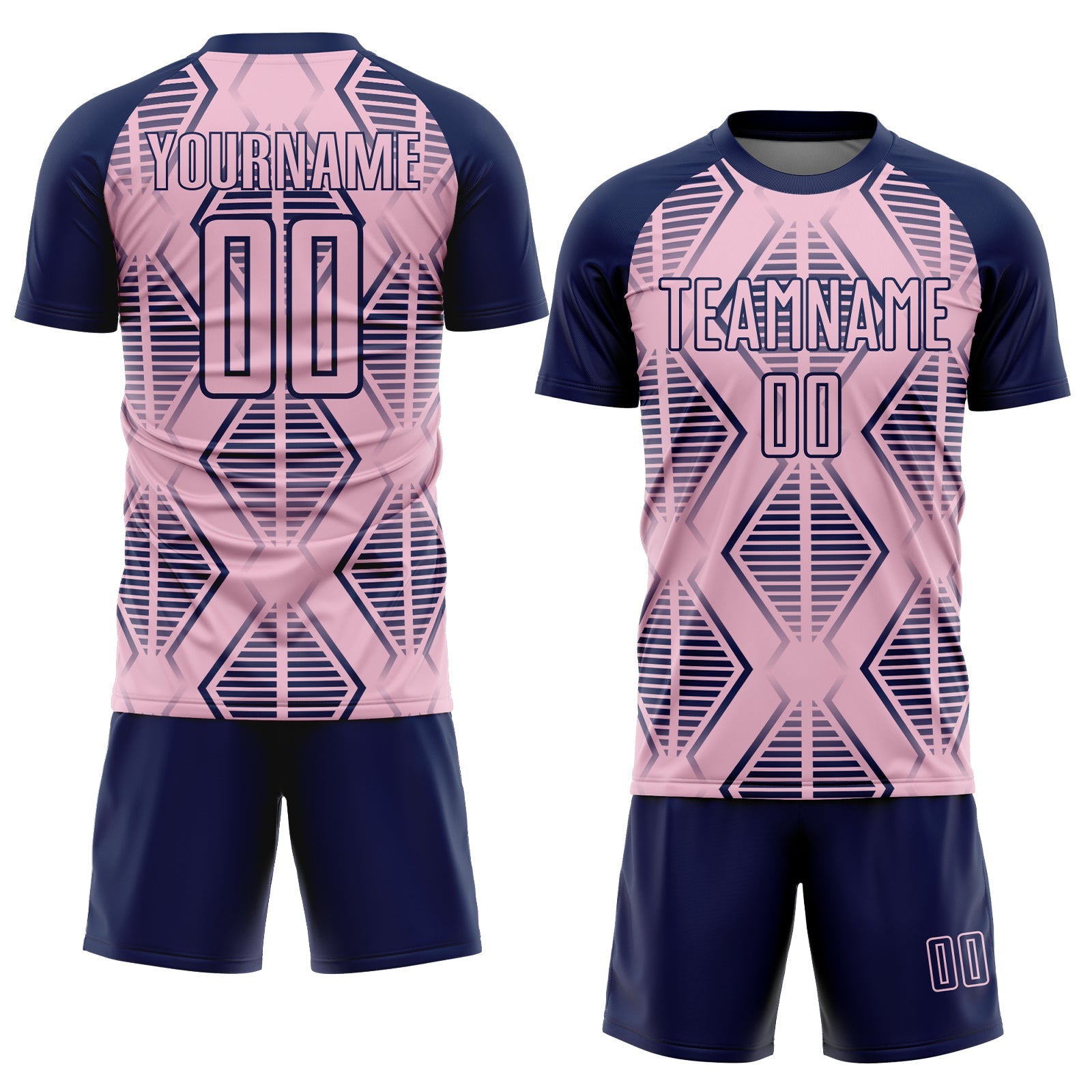 Custom Light Pink Navy Geometric Shapes Sublimation Soccer Uniform Jersey view 2