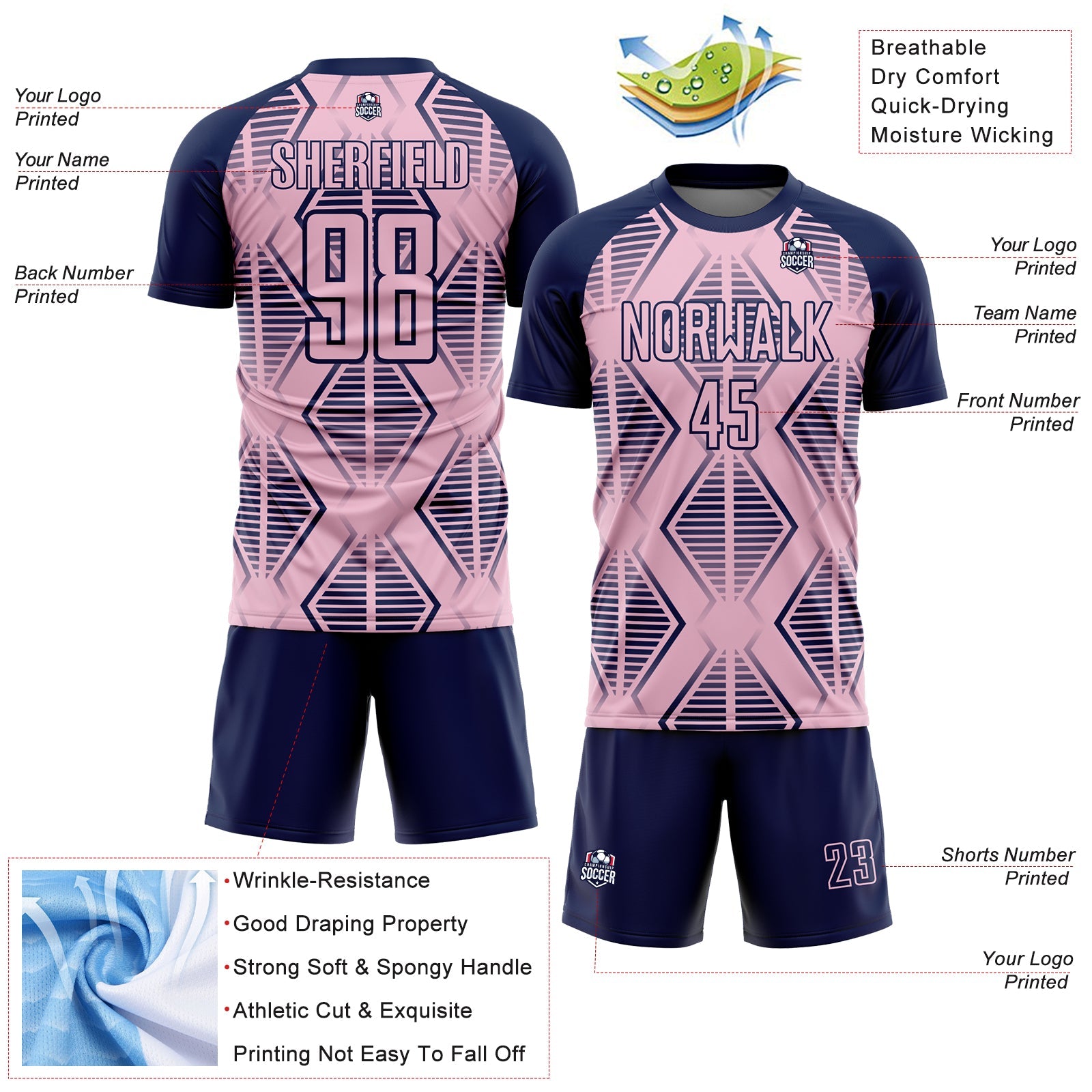 Custom Light Pink Navy Geometric Shapes Sublimation Soccer Uniform Jersey view 4