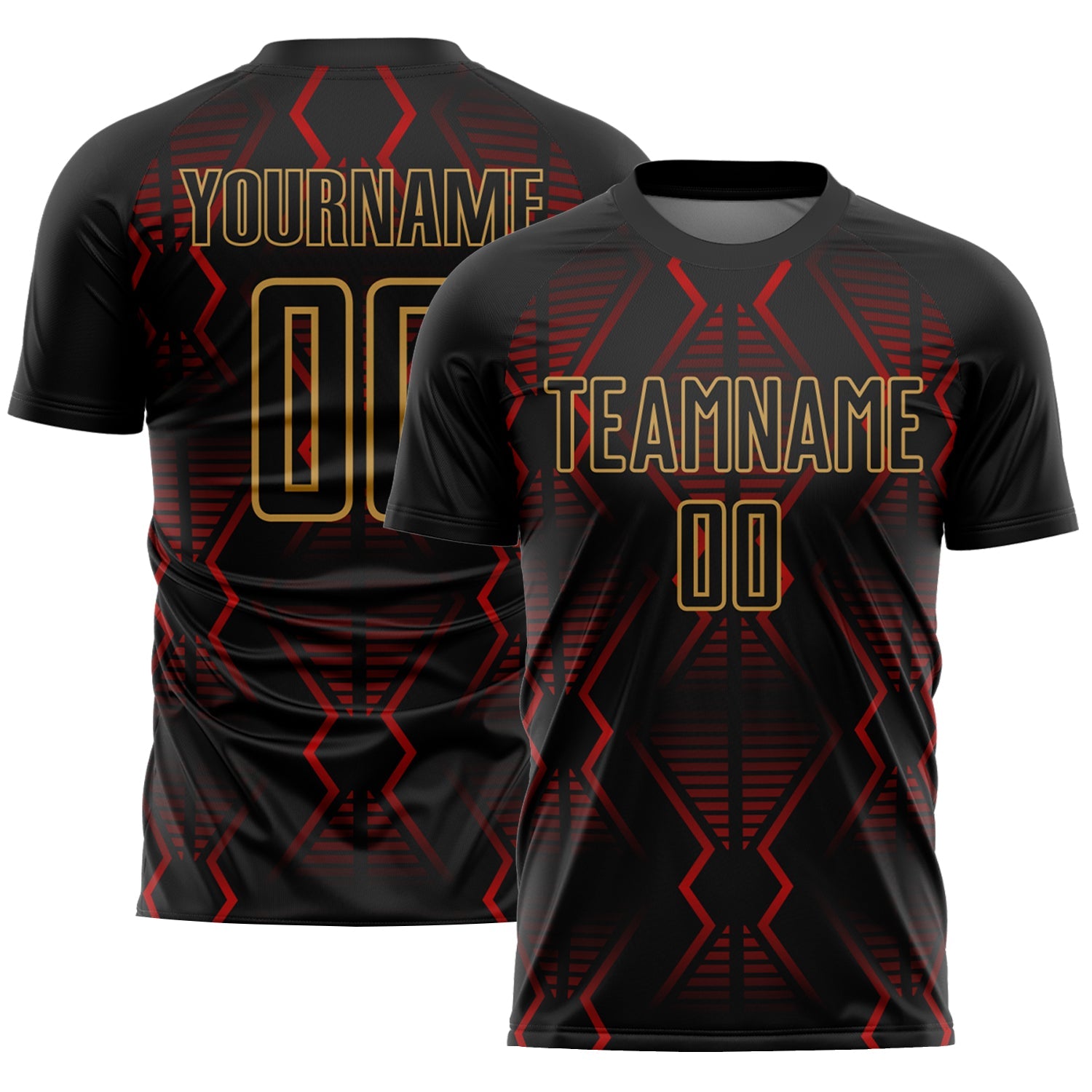 Custom Black Red-Old Gold Geometric Shapes Sublimation Soccer Uniform Jersey - Main View