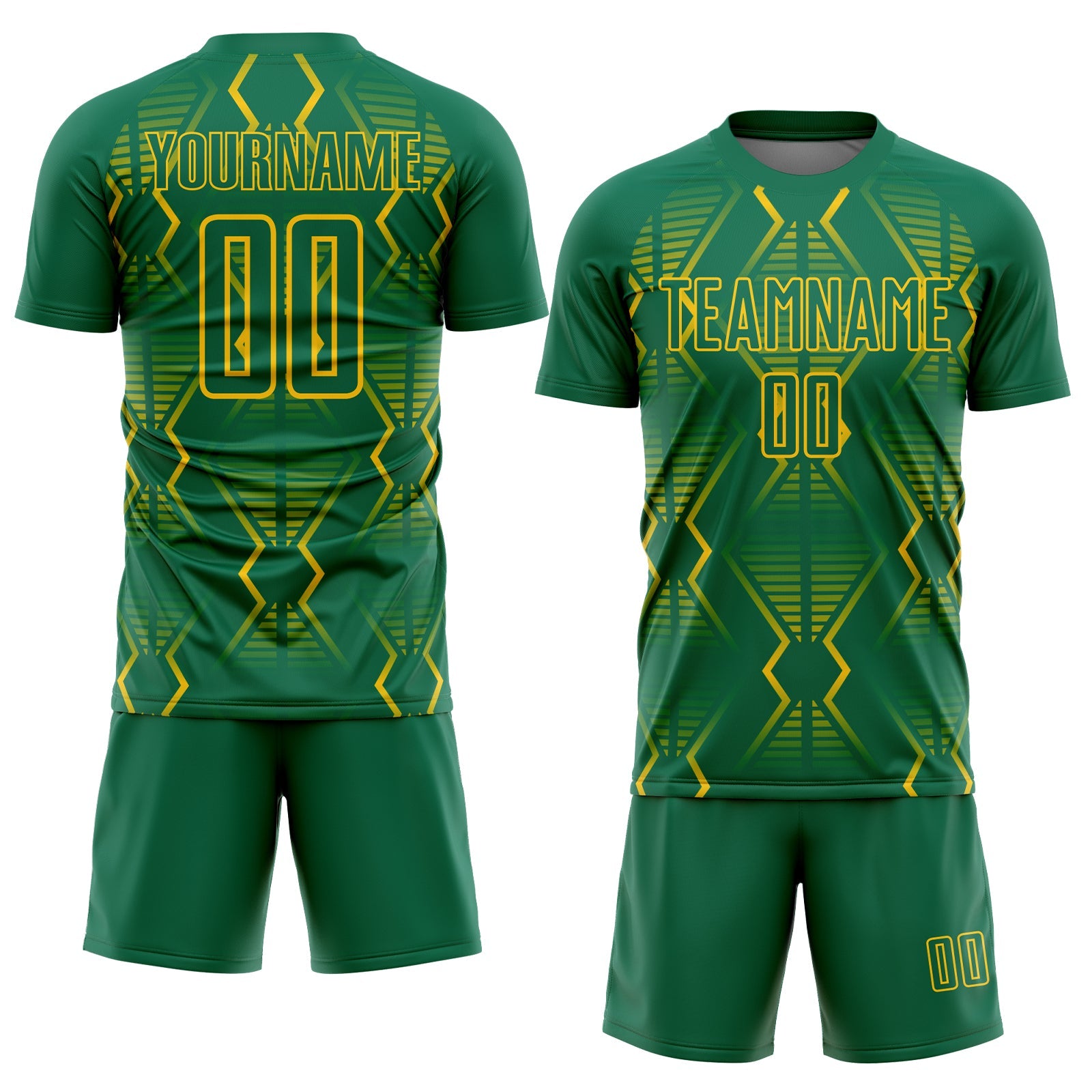 Custom Kelly Green Yellow Geometric Shapes Sublimation Soccer Uniform Jersey view 2