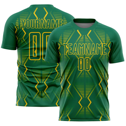 Custom Kelly Green Yellow Geometric Shapes Sublimation Soccer Uniform Jersey - Main View