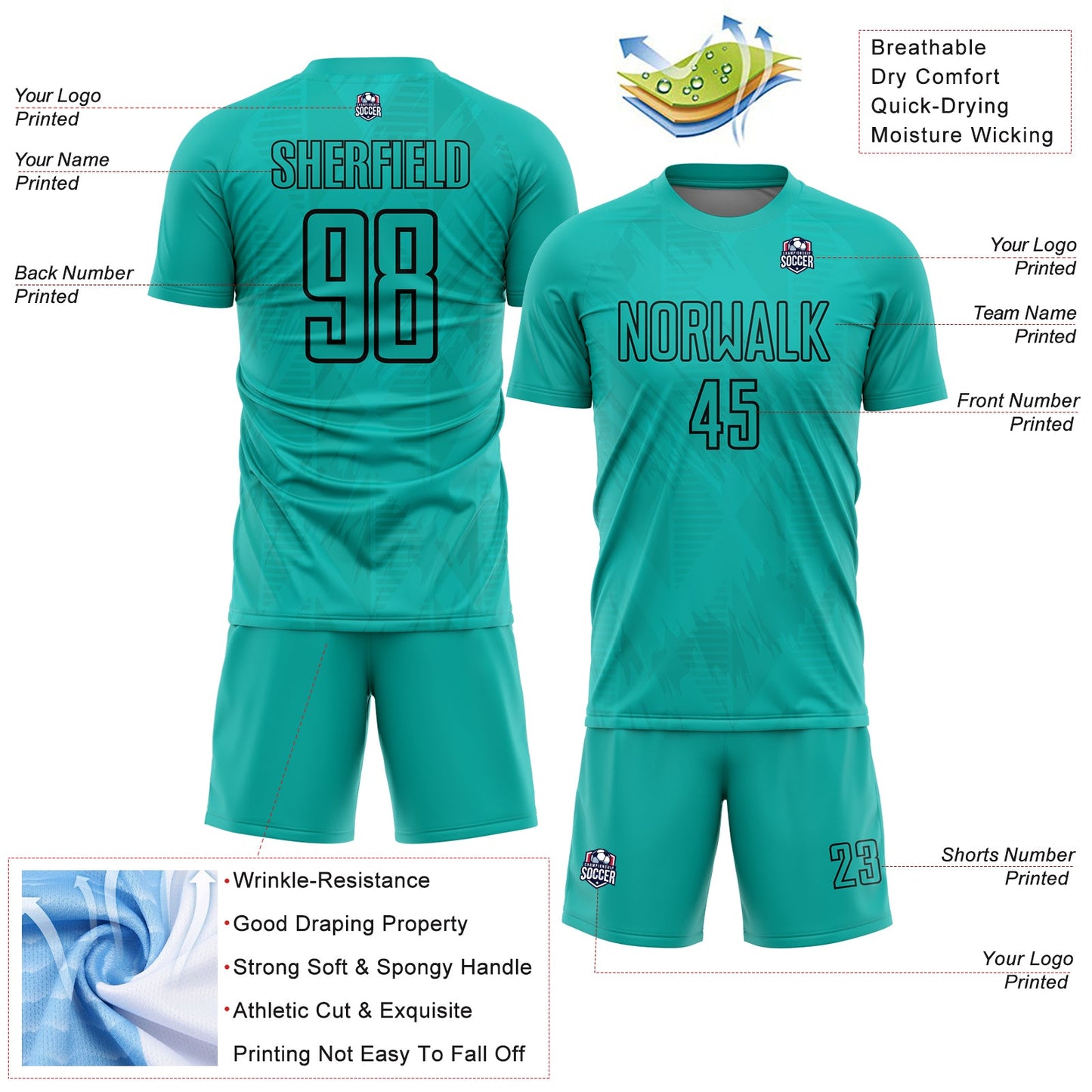 Custom Aqua Black Geometric Shapes Sublimation Soccer Uniform Jersey view 4