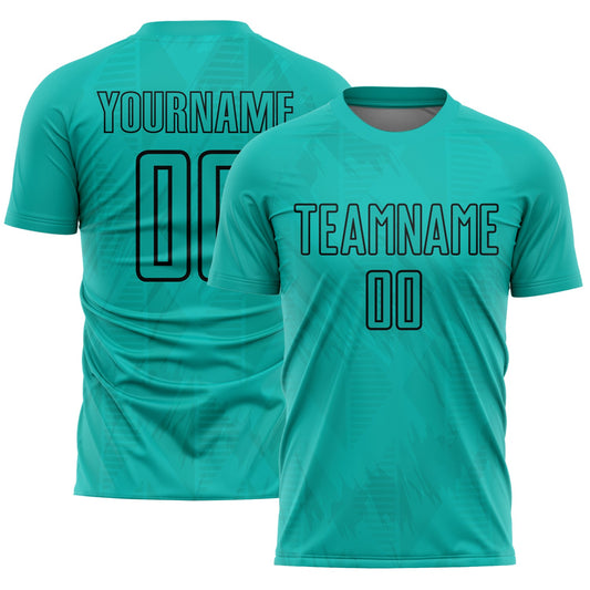 Custom Aqua Black Geometric Shapes Sublimation Soccer Uniform Jersey - Main View