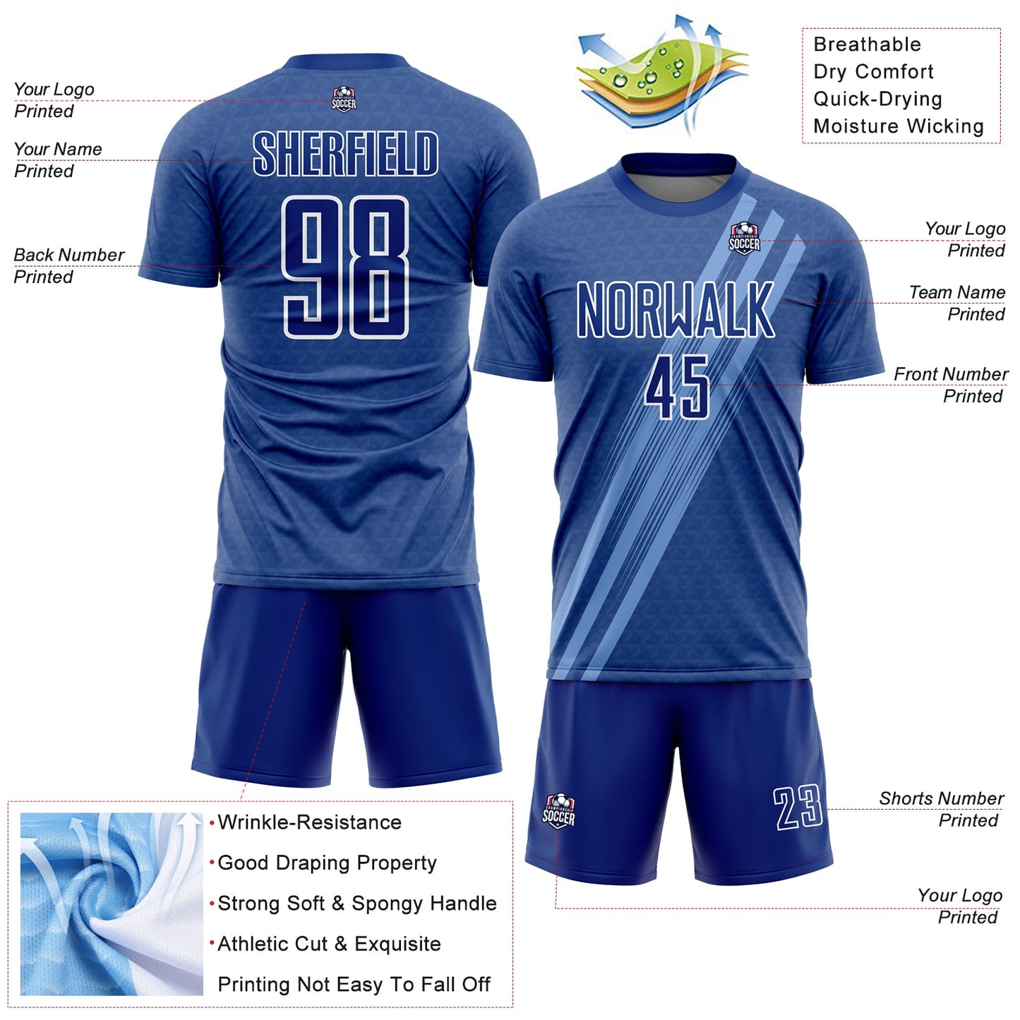 Custom Royal White Diagonal Lines Sublimation Soccer Uniform Jersey view 4