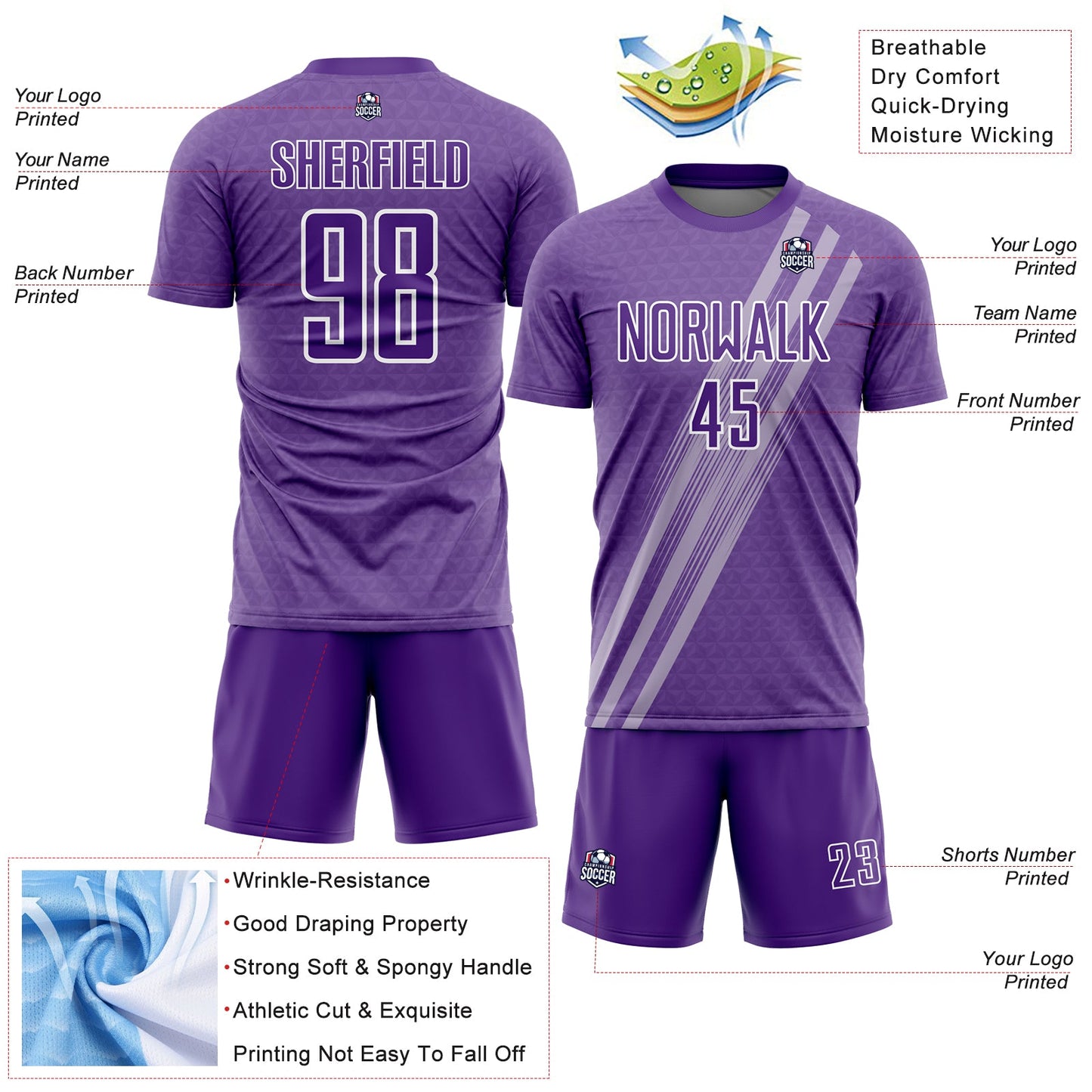 Custom Purple White Diagonal Lines Sublimation Soccer Uniform Jersey view 4