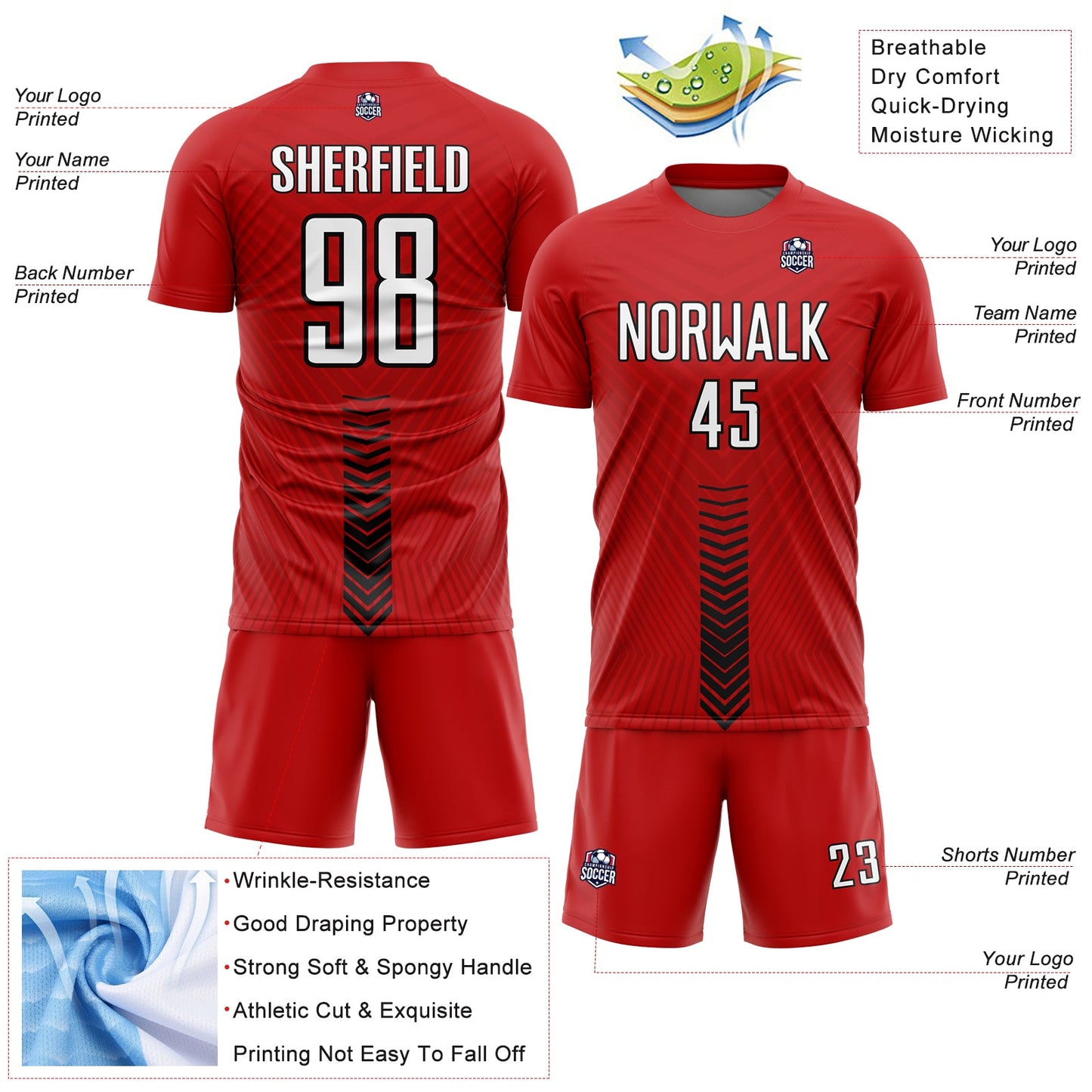 Custom Red White-Black Arrow Shapes Sublimation Soccer Uniform Jersey view 4