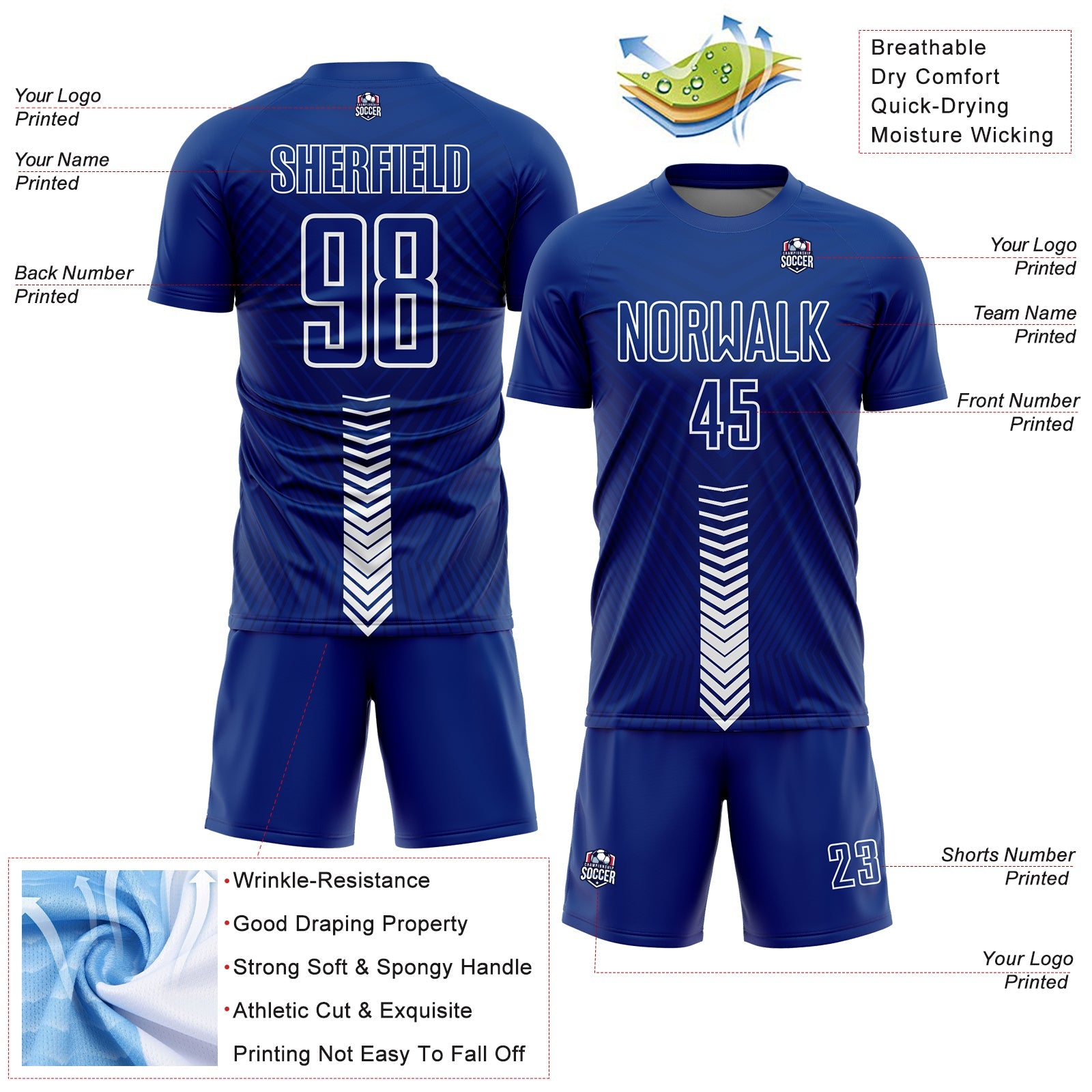 Custom Royal White Arrow Shapes Sublimation Soccer Uniform Jersey view 4