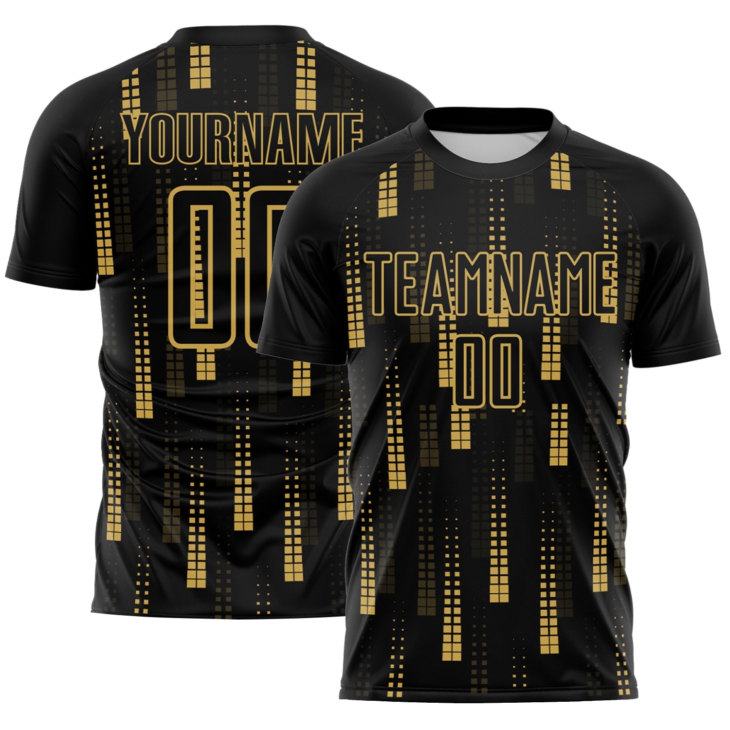 Custom Black Old Gold Geometric Shapes Sublimation Soccer Uniform Jersey - Main View