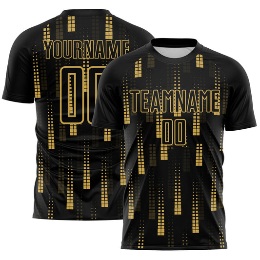 Custom Black Old Gold Geometric Shapes Sublimation Soccer Uniform Jersey - Main View