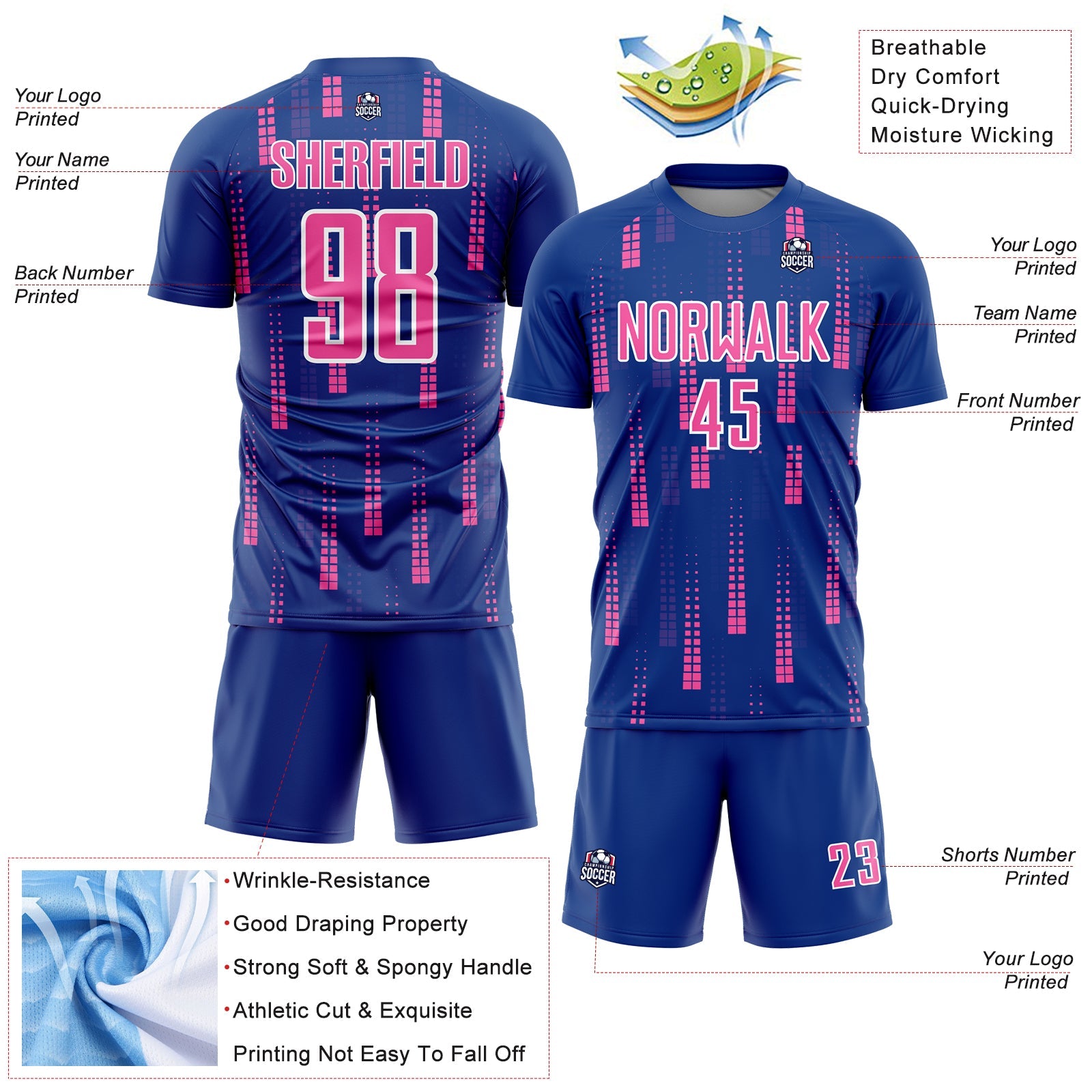 Custom Royal Pink-White Geometric Shapes Sublimation Soccer Uniform Jersey view 4