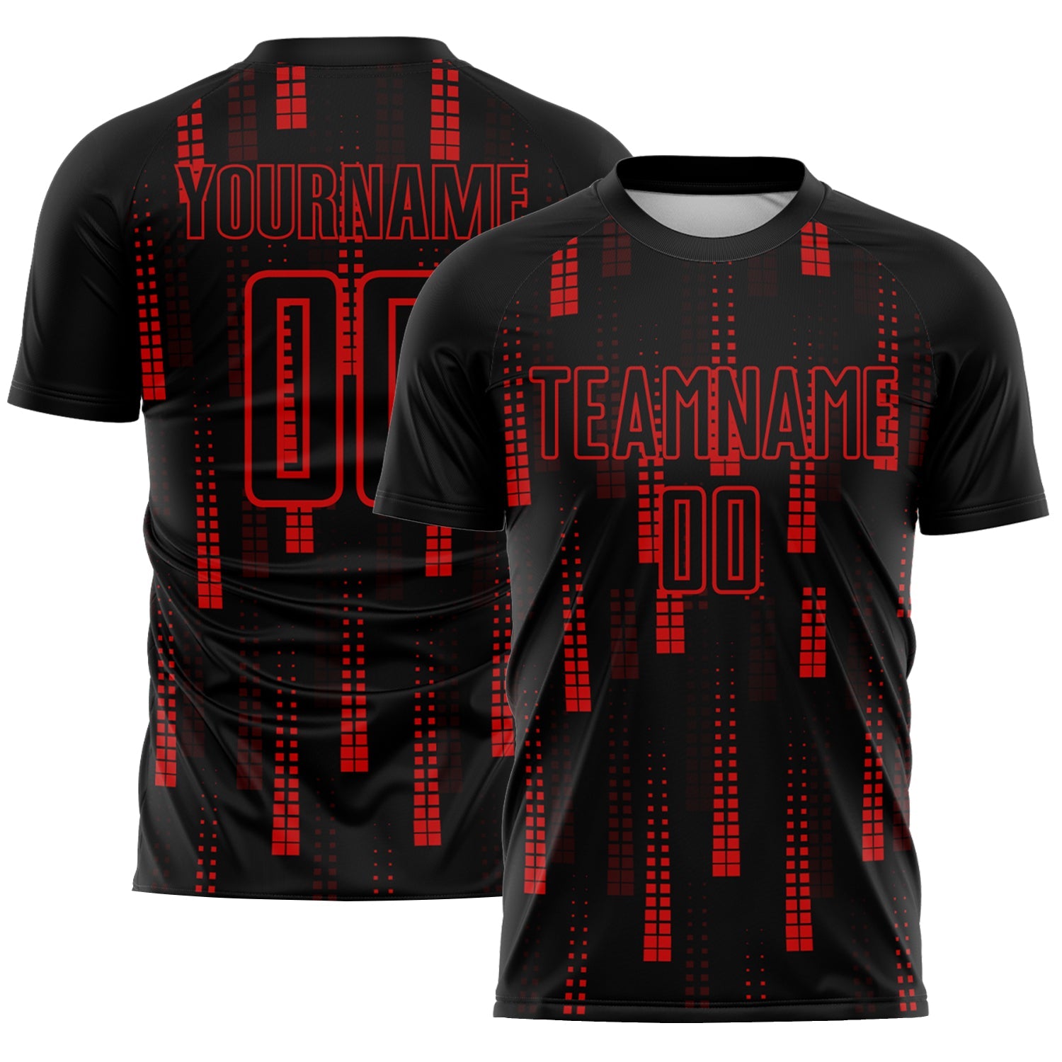 Custom Black Red Geometric Shapes Sublimation Soccer Uniform Jersey - Main View