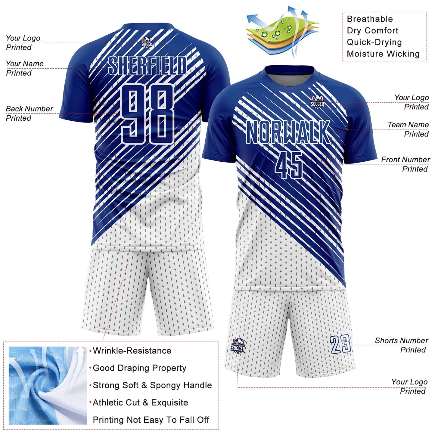 Custom Royal White Diagonal Lines Sublimation Soccer Uniform Jersey view 4