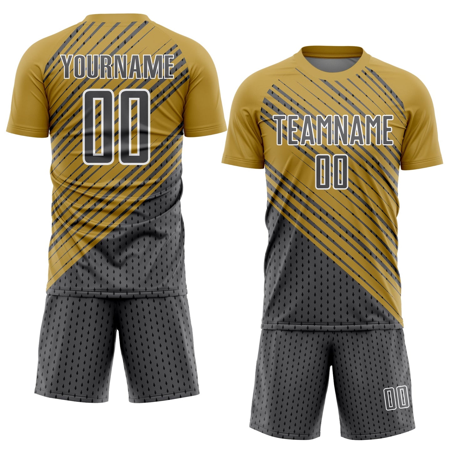 Custom Old Gold Steel Gray White Diagonal Lines Sublimation Soccer Uniform Jersey view 2