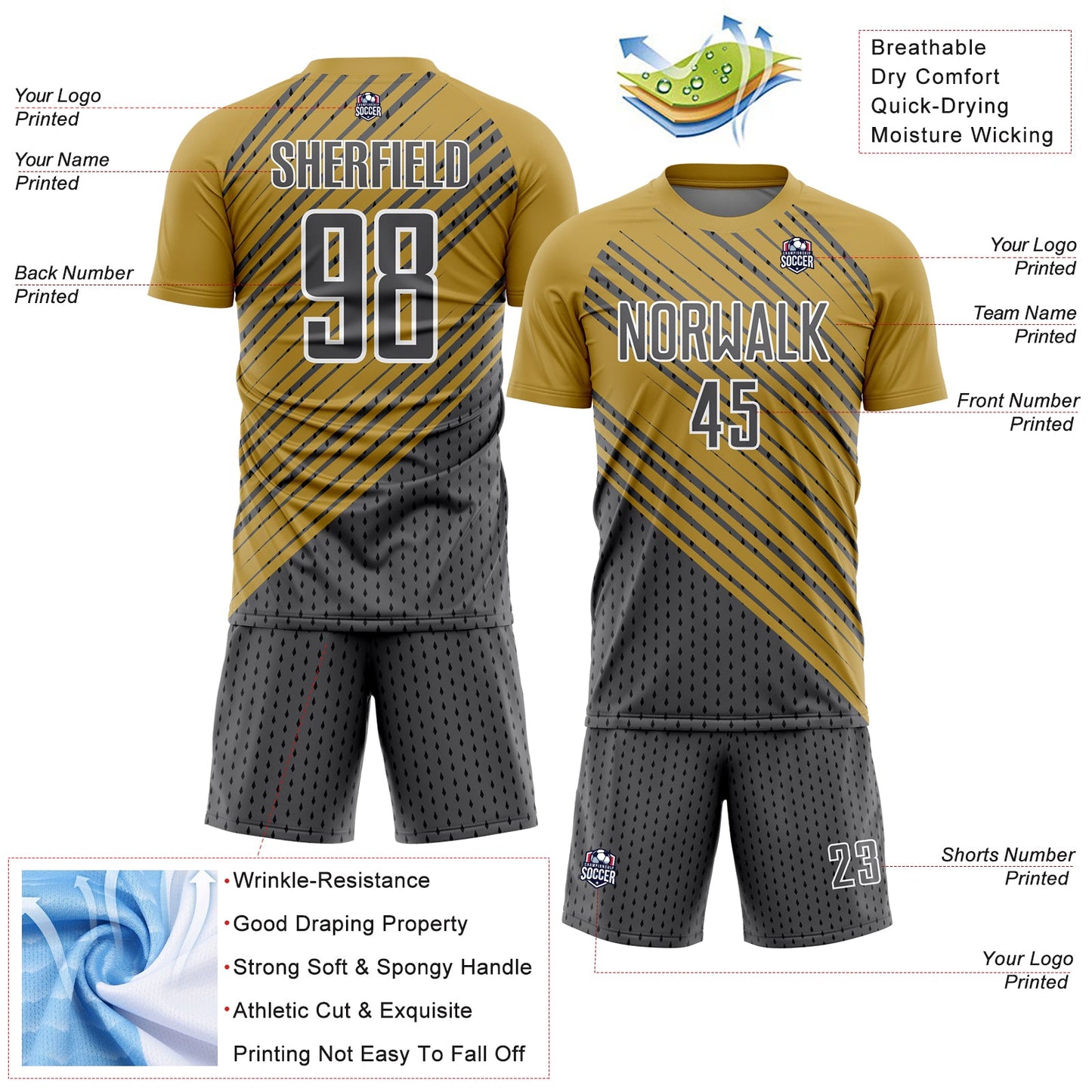 Custom Old Gold Steel Gray White Diagonal Lines Sublimation Soccer Uniform Jersey view 4