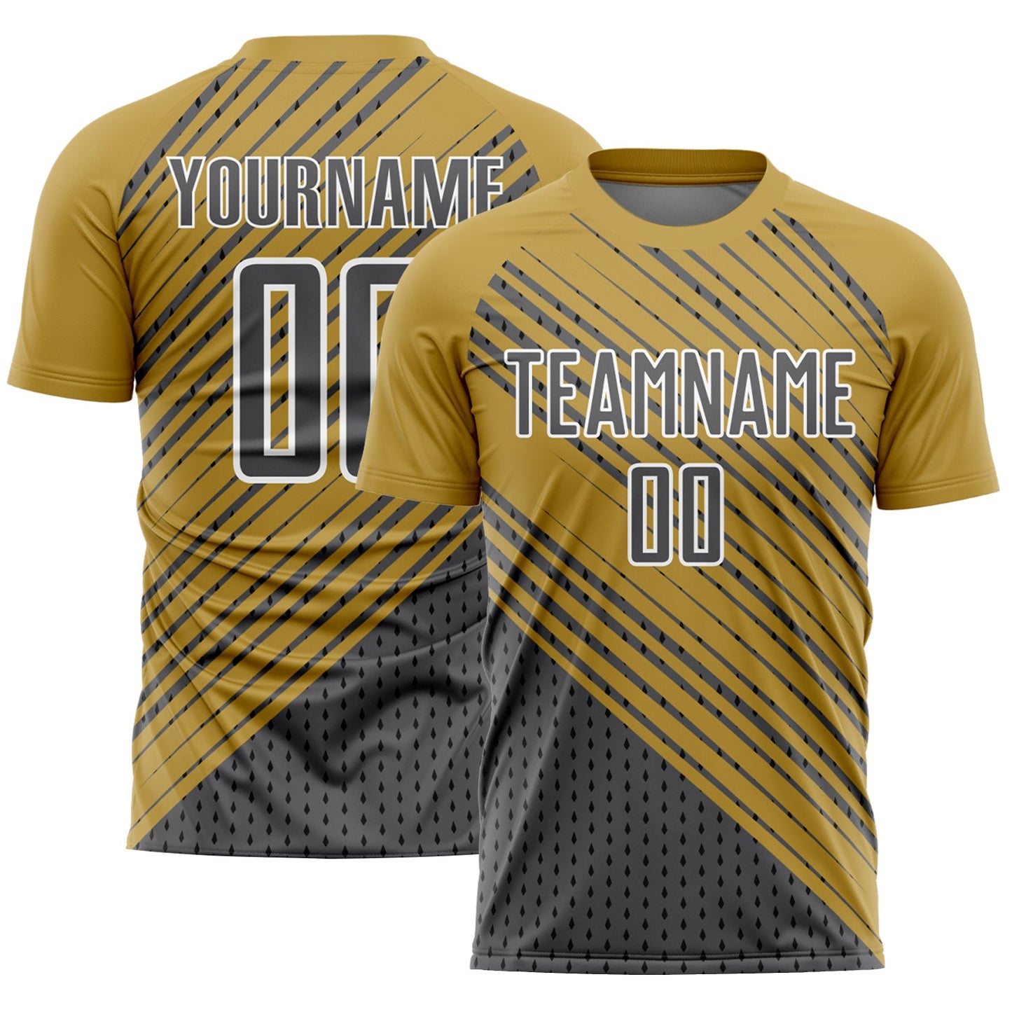 Custom Old Gold Steel Gray White Diagonal Lines Sublimation Soccer Uniform Jersey - Main View